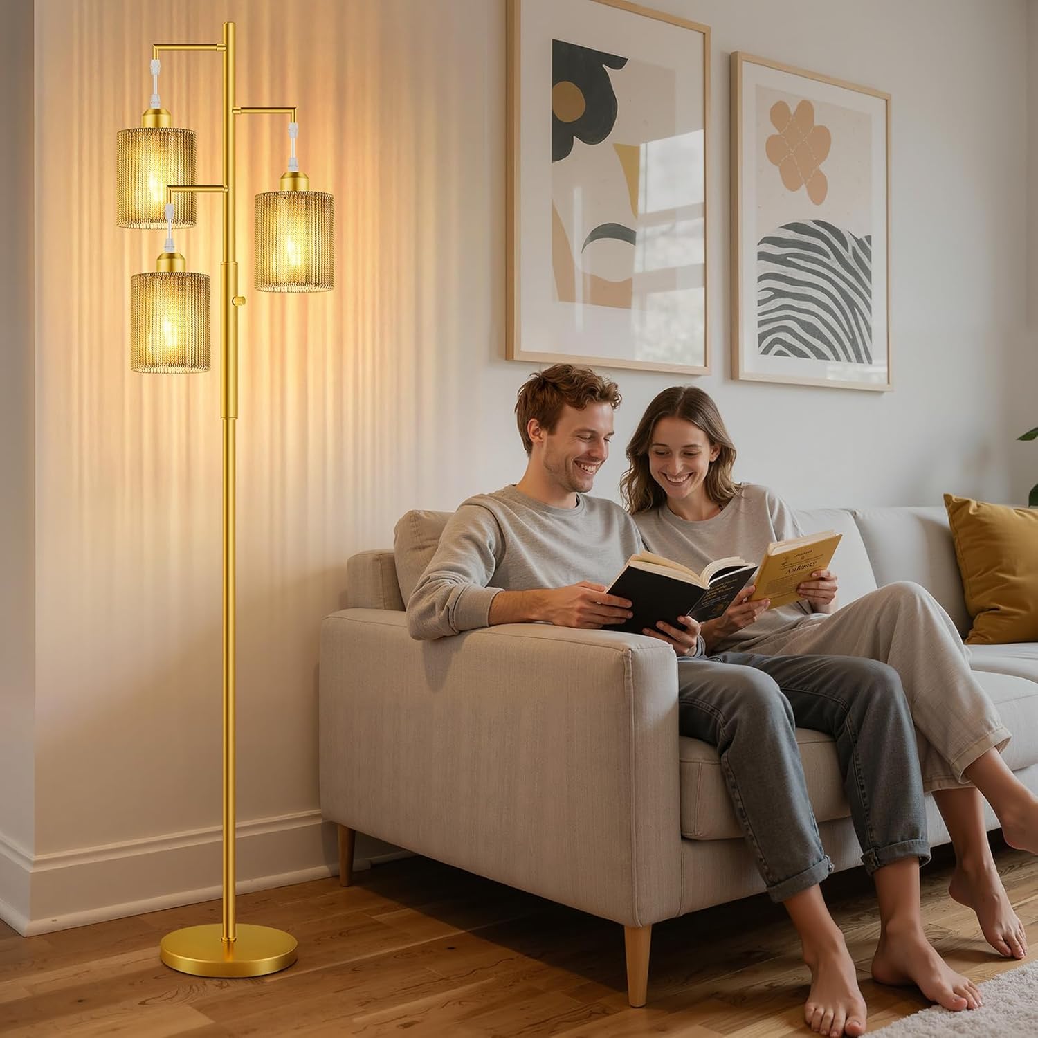 Hotsonic 72" Rattan Boho Floor Lamp, Tall Dimmable Standing Lamp with Handcrafted Beige Shade, Industrial Tree Floor Lamps for Living Room, Bedroom, Study Room, Office(3x800LM LED Bulbs Included)-Gold