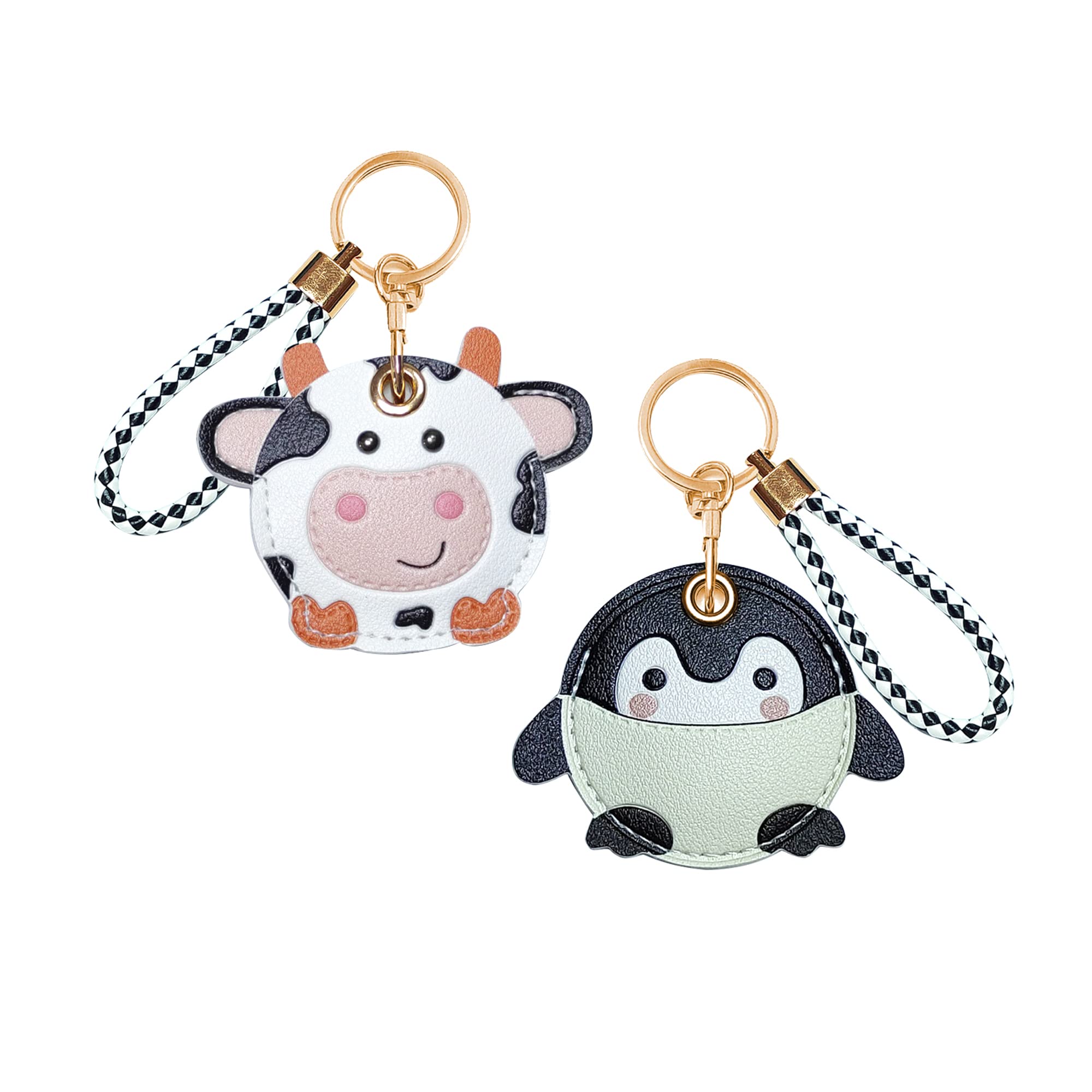 CATCH ON 2 Pack Leather Airtag Keychain Case Holder, Cute Kawaii Accessories Suitable for Airtag (Cow - Penguin)