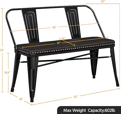 Miniatura 3 de Yaheetech Banco de comedor de granja, banco de metal industrial con asiento tapizado y respaldo extraíble para entrada, jardín, patio trasero, color