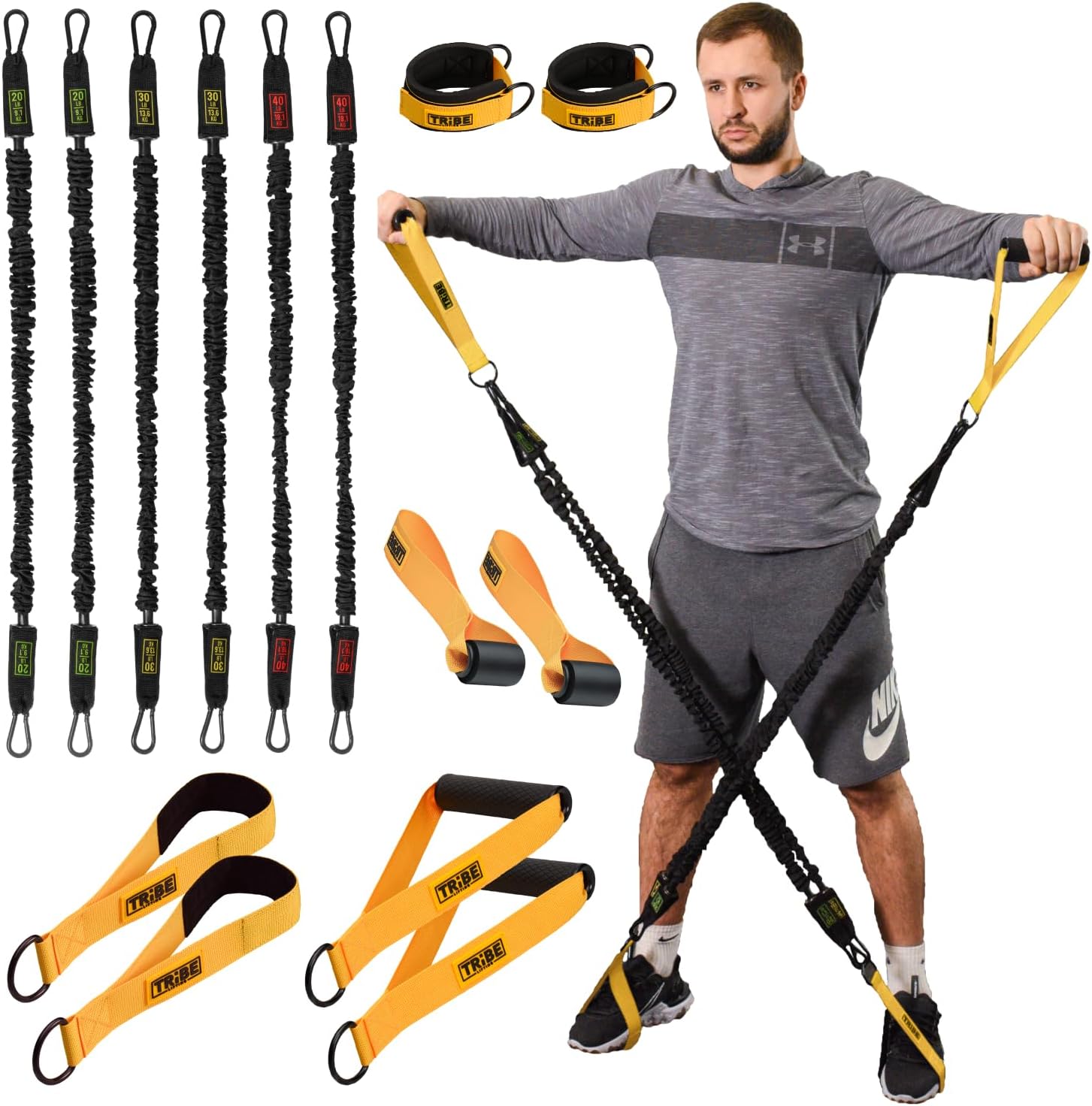 Tube Resistance Bands for Working Out Men and Women - 180lb Exercise Bands Set with Handles, Resistance Band Bar, Ankle Straps, Foot Straps, Door Anchor for Home Gym Strength (Yellow Set)