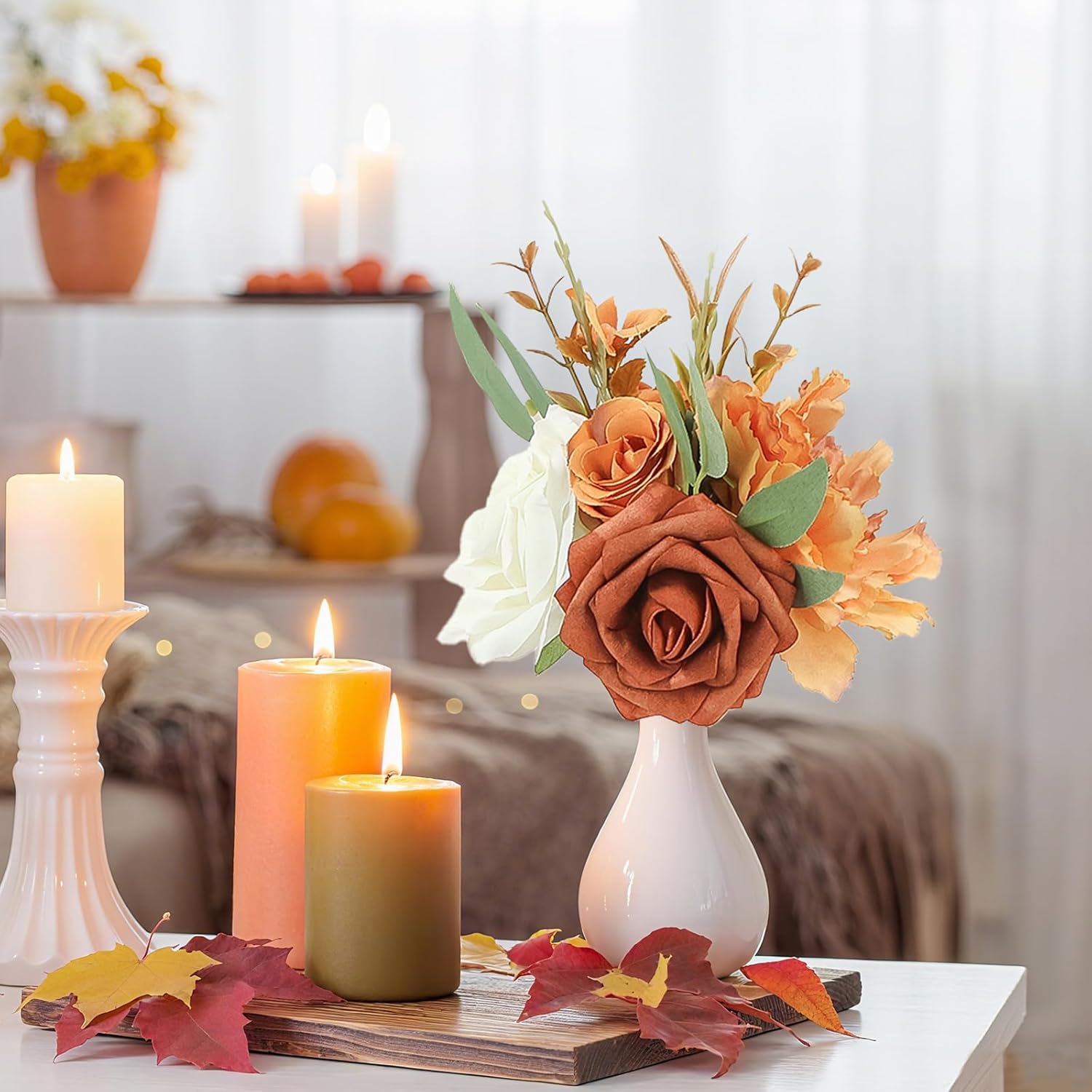 Fall Flowers Mini Bouquets Set of 6 Table Decoration Burnt Orange Floral Centerpieces for Autumn Thanksgiving Wedding Dinning Table Reception Decorations