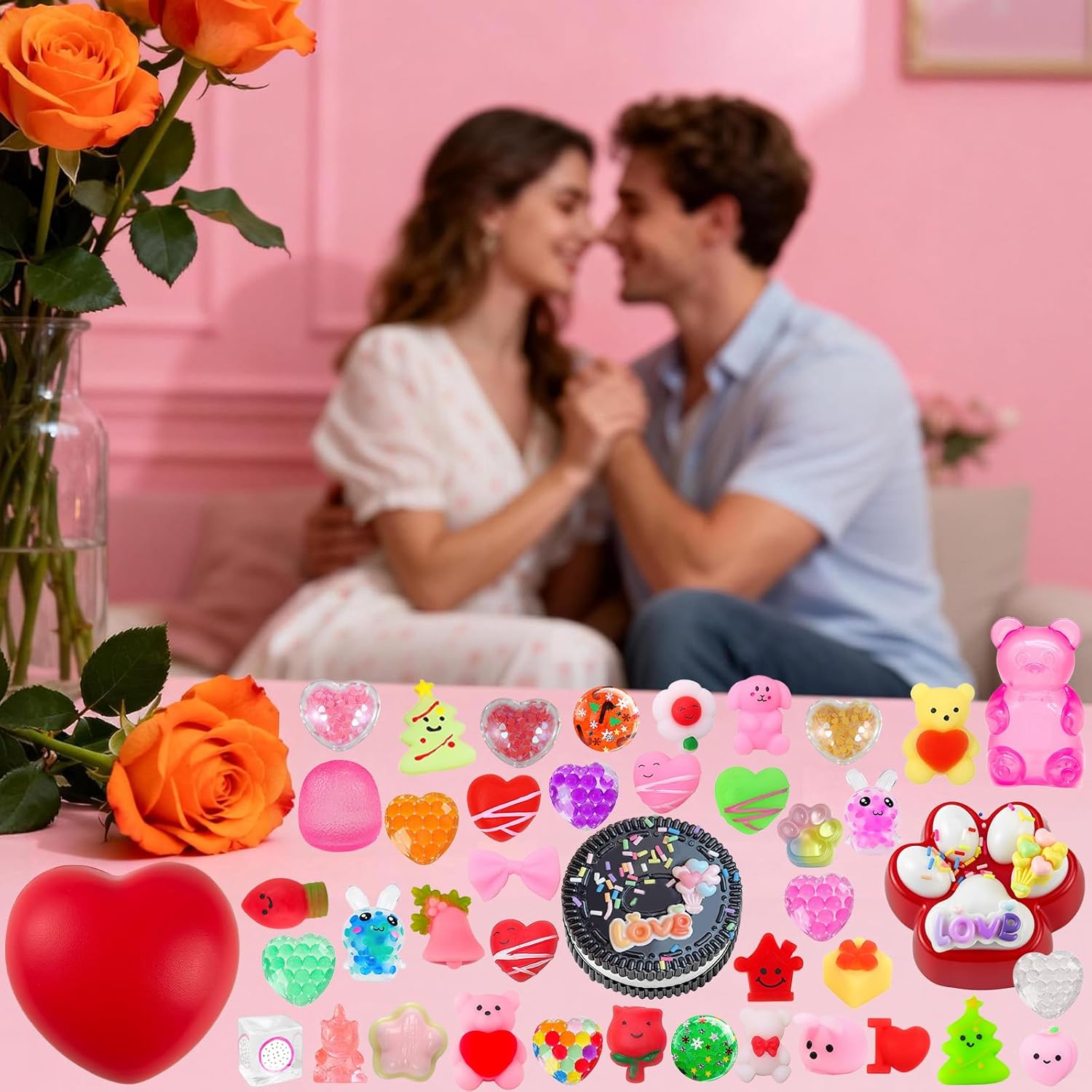 24PCS Mochi Squishy Valentines Day Gifts, Taba Squishy Fidget Toys with Heart, Bear, Bunny, Cubes, Fidgets Birthday Gifts for Women, Valentines Squishies Classroom Prizes Party Favors