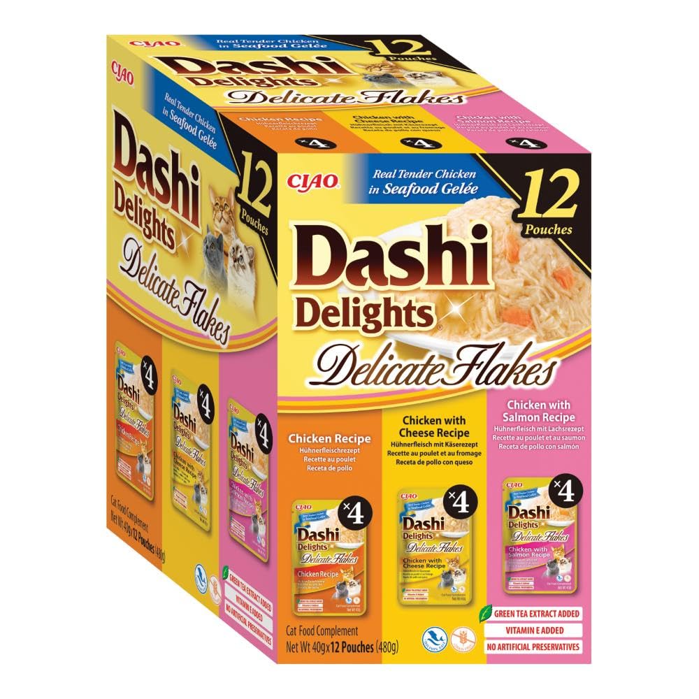INABA Dashi Delights Delicate Flakes, Delicati Fiocchi in Brodo per Gatti in 3 Varietà di - 12 Buste x 40 gr - Snack con Ingredienti Naturali - Cibo Umido per Gatti Complementare