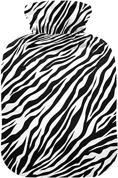 Zebra Skin Print Hot Water Bottle with Cover, 1Liter Soft Velvet Winter Warm Water Bag for Neck and Shoulder Pain Relief Period Cramps Bed Hand Feet Warmer