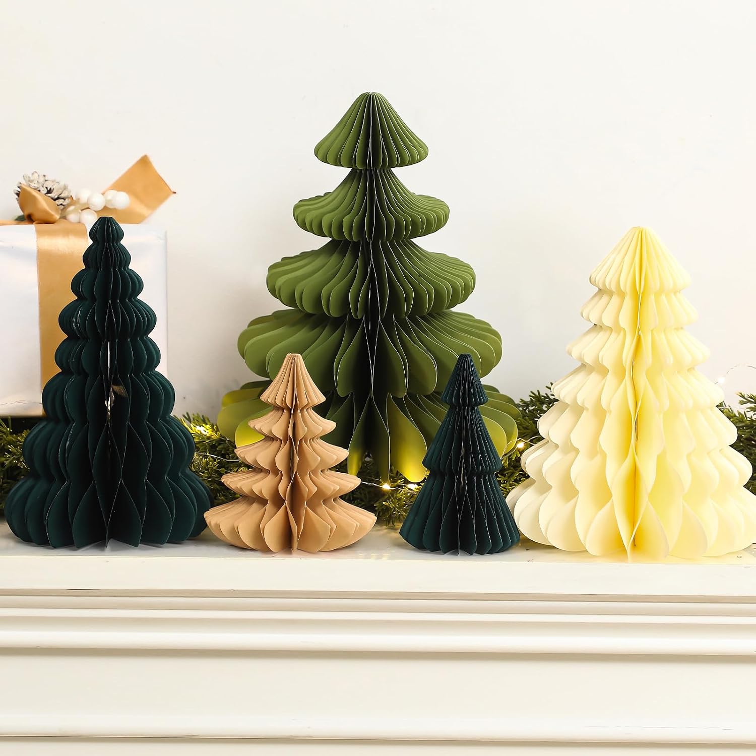 Amyhill 5 Pack Paper Christmas Tree Decor 6" 10" 12" 3D Honeycomb Trees Table Centerpiece for Modern Christmas Mantel Decoration Home Holiday Party Decor (Green, Khaki, White)