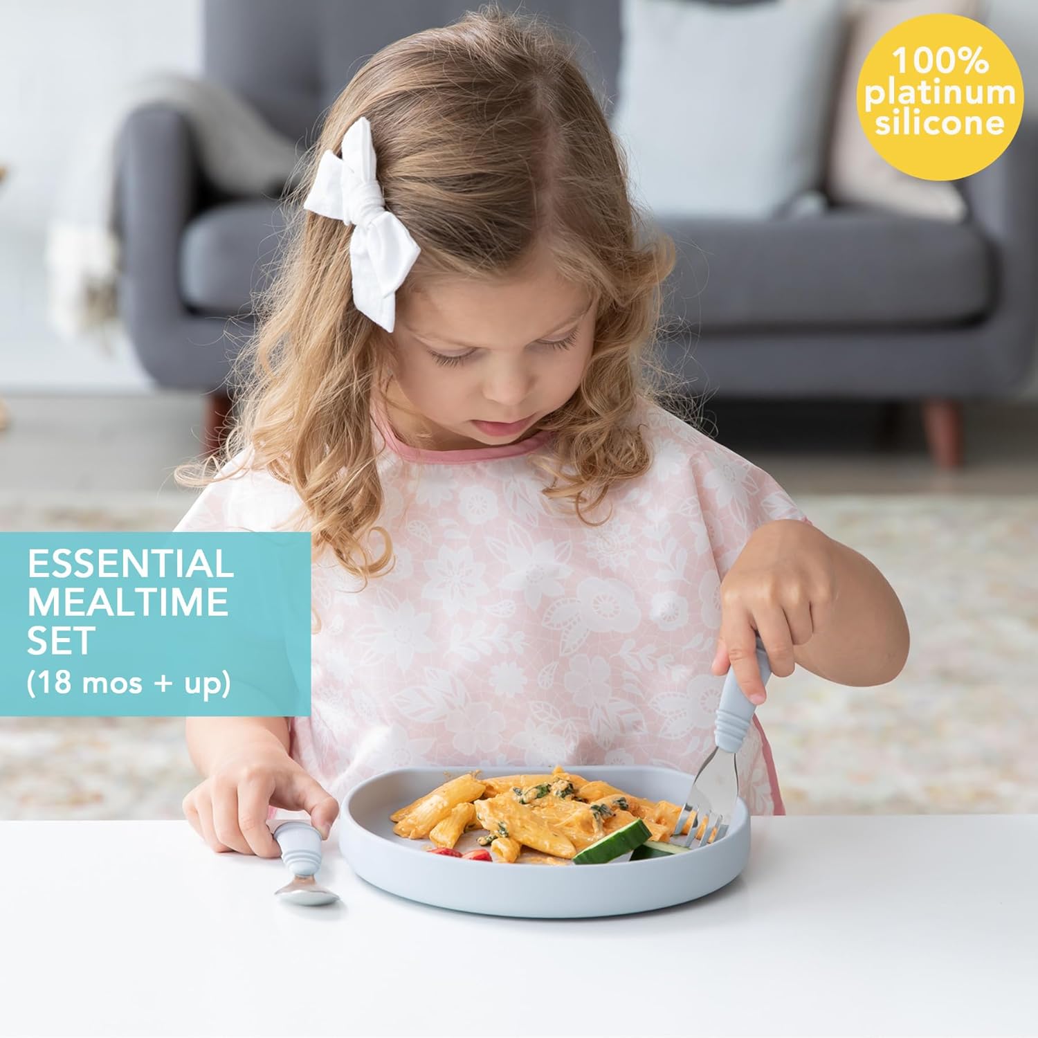 Bumkins - Silicone Grip Plate, Fork & Spoon & Lid - For Ages 18 Months+ - Suction Base - 100% Food-Safe Silicone - Oven, Microwave, Freezer, & Dishwasher Safe - Gray