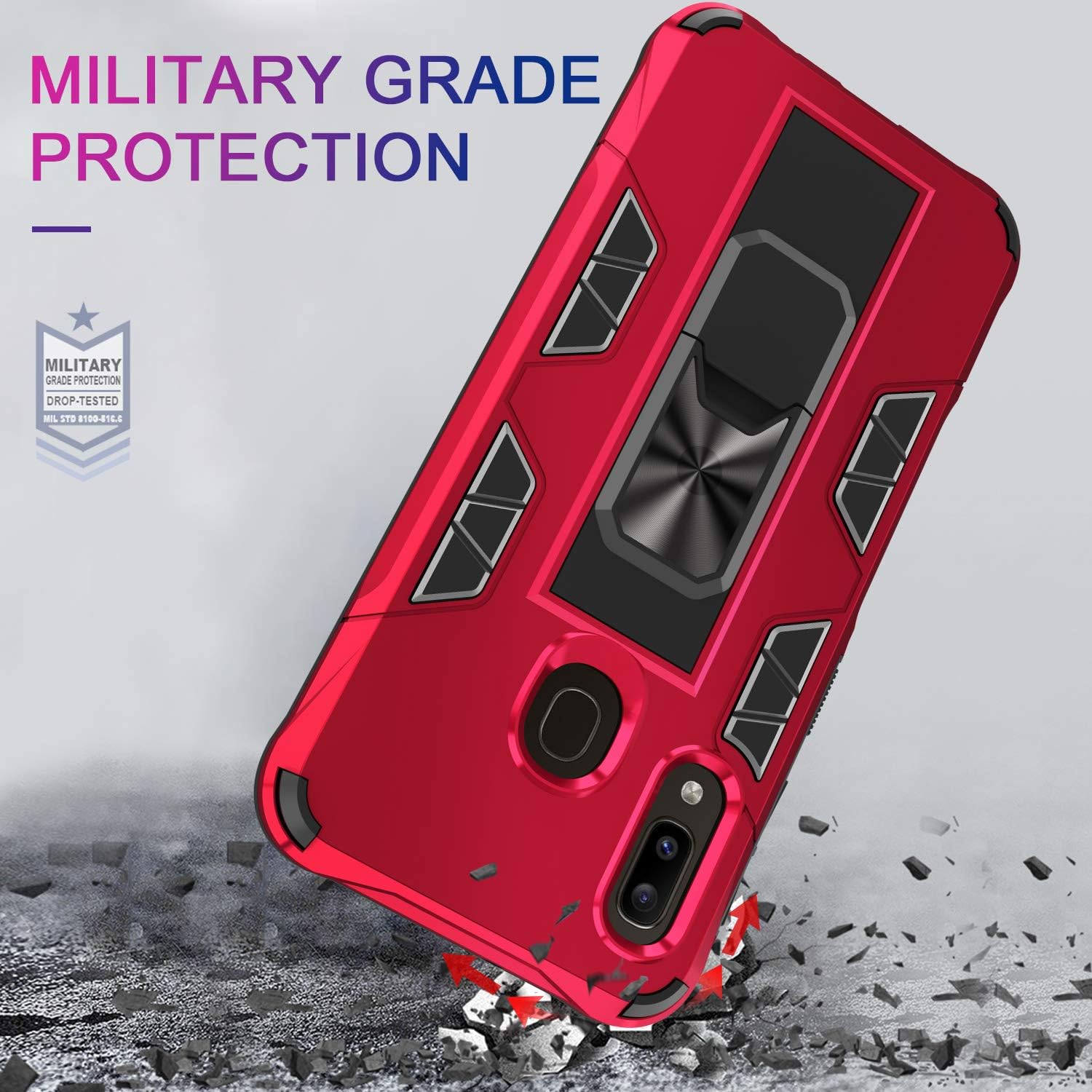 LeYi Compatible with Samsung A20 Case, Samsung Galaxy A20 Case with 2 Tempered Glass Screen Protector, Military-Grade Shockproof Built-in Car Mount Kickstand Women Phone Case for Galaxy A20, Red