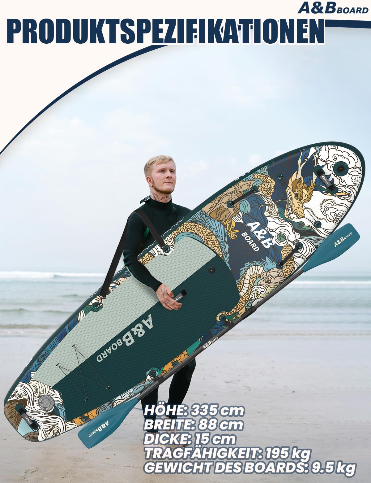 A&BBOARD SUP Gonfiabile Adulti con Tutti gli Accessori,335 cm Tavola da Stand up Paddle Board Gonfiabile per Tutti i Livelli di Abilità