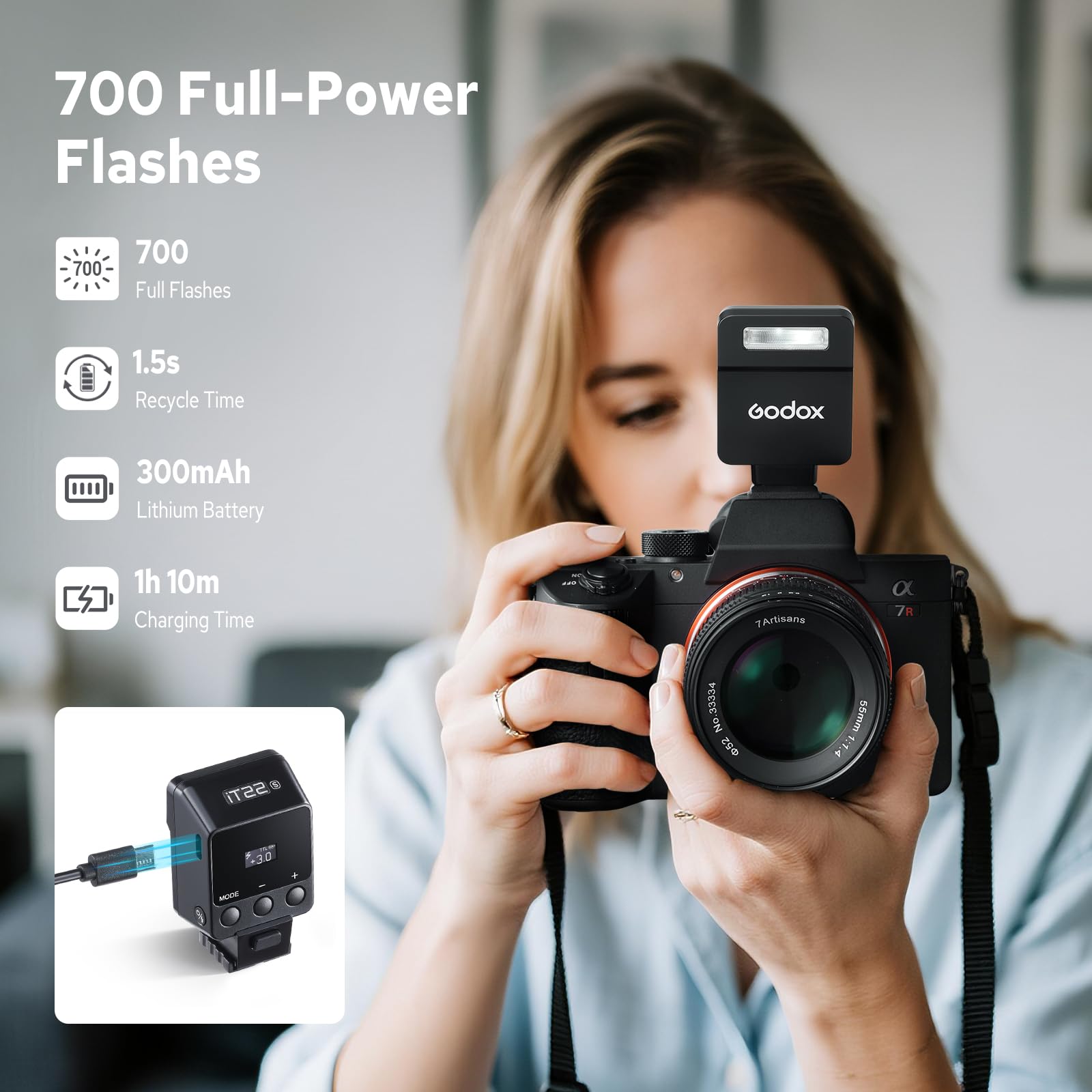 Godox IT22 S, IT22S Mini-Kamerablitz für Sony-Kamera, mit 7,4 V/300 mAh Lithium-Akku, mit magnetischem Diffusor und Filter, IT22S TTL GODOX Flashes, 1,5 Sekunden Recyclingzeit