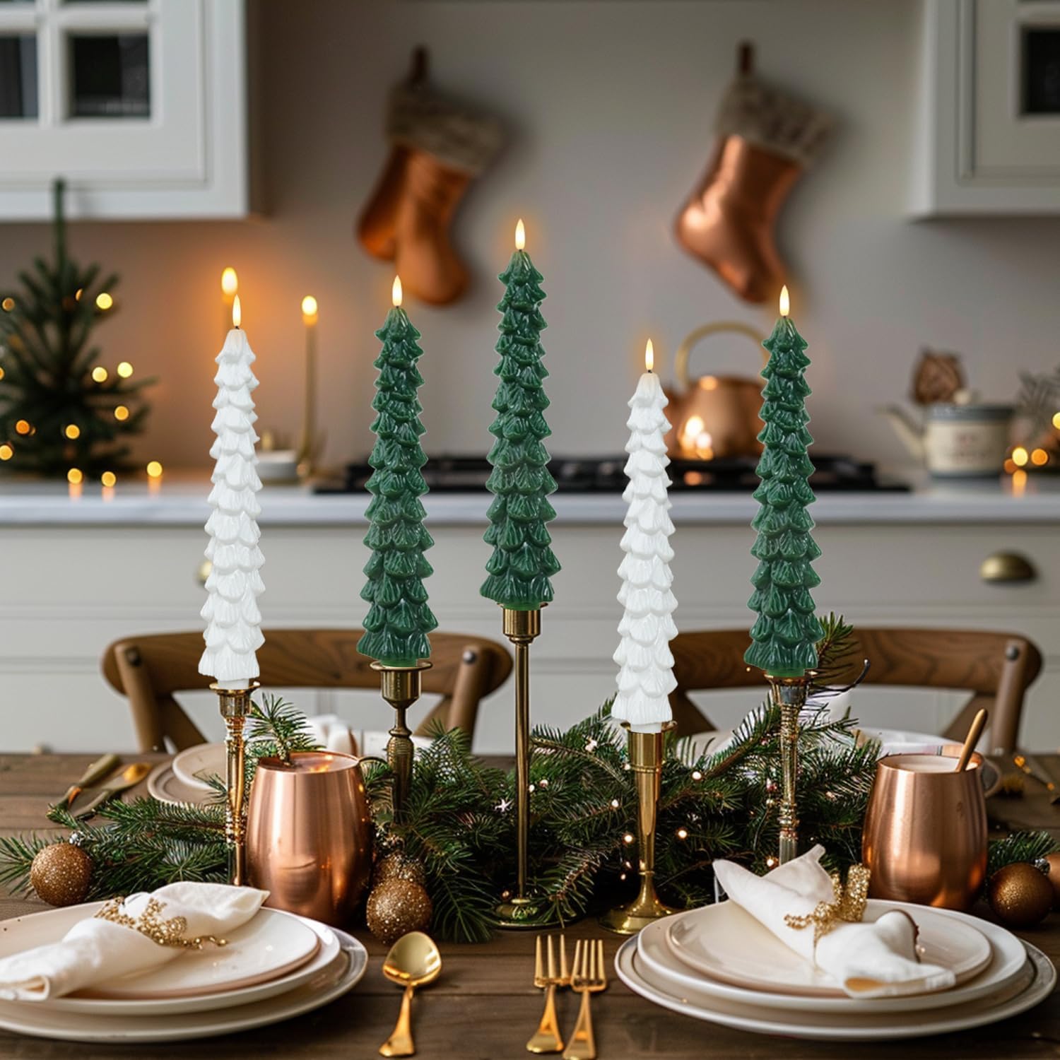 MAITREYA 6 Pcs Christmas Tree Candles with Remote, Flameless Taper Candle Flickering，LED Candles Battery Operated with 3D Flickering Flame Candlesticks Christmas Decor,Evergreen 9.8inch