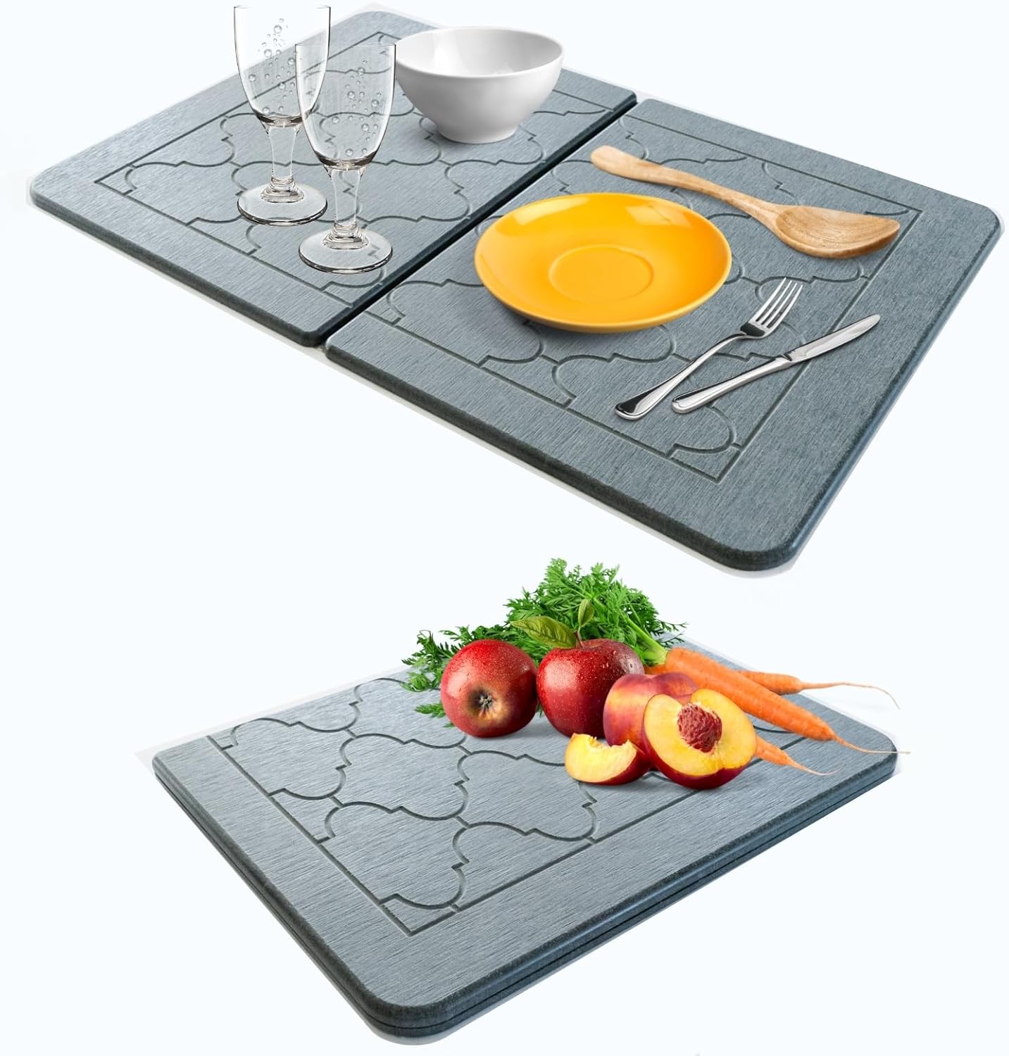 BARTEQ Large Stone Dish Drying Mat 23.6” X 15.4" Foldable Diatomaceous Drying Mat for Kitchen Counter, Non-Slip Quick Drying Stone - Moroccan Trellis Grey