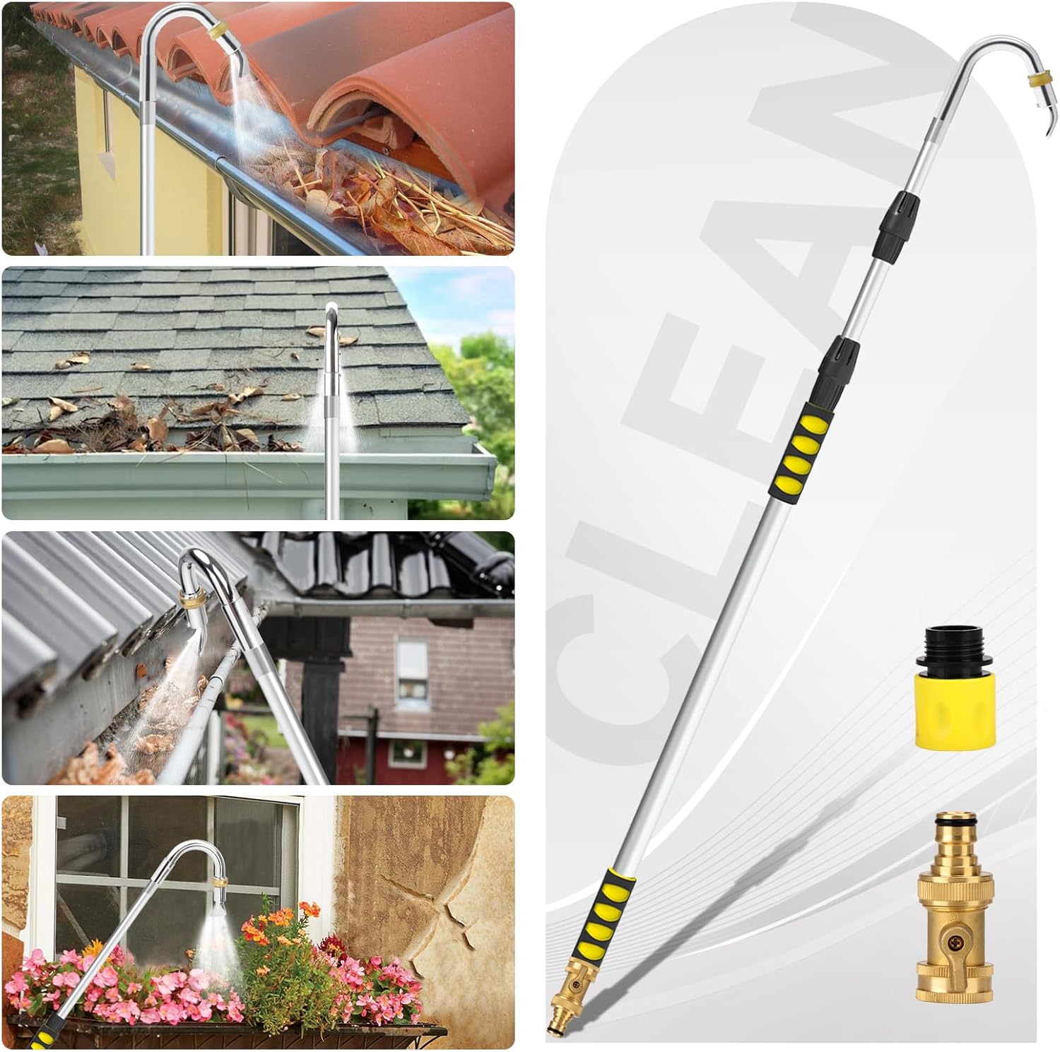 20FT Reach Gutter Cleaning Tools from Ground, Telescopic Rain Gutter Cleaners Tool with Hose Attachment and Heavy Duty Wand & Connecting Adapter