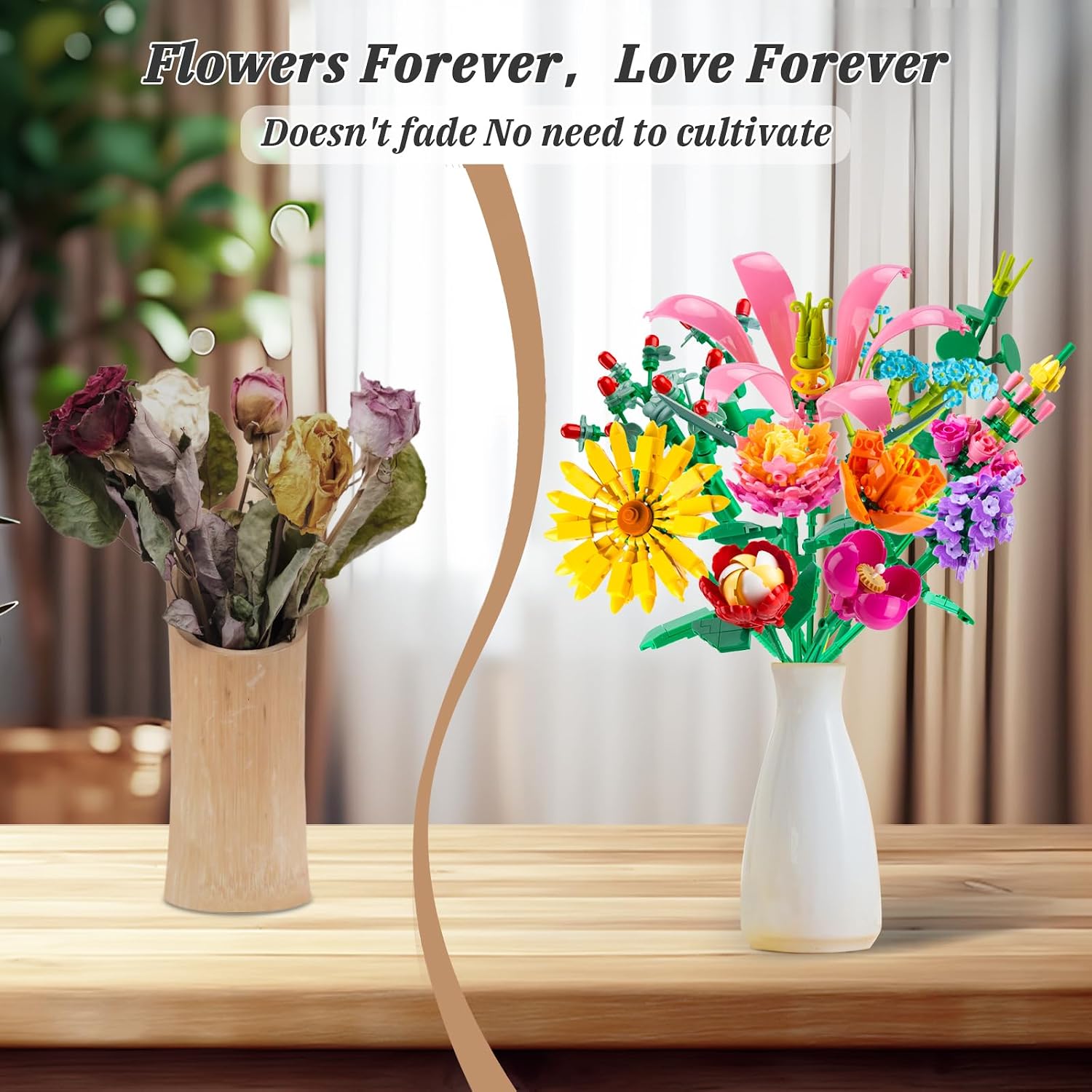 Flower Bouquet Building Set, 756 PCS Flower Botanical Collection Kit, 11 Types Artificial Flower Blocks for Home Office Decor, Creative DIY Craft Gift for Adults, Teens, Girls (Vase Not Included)