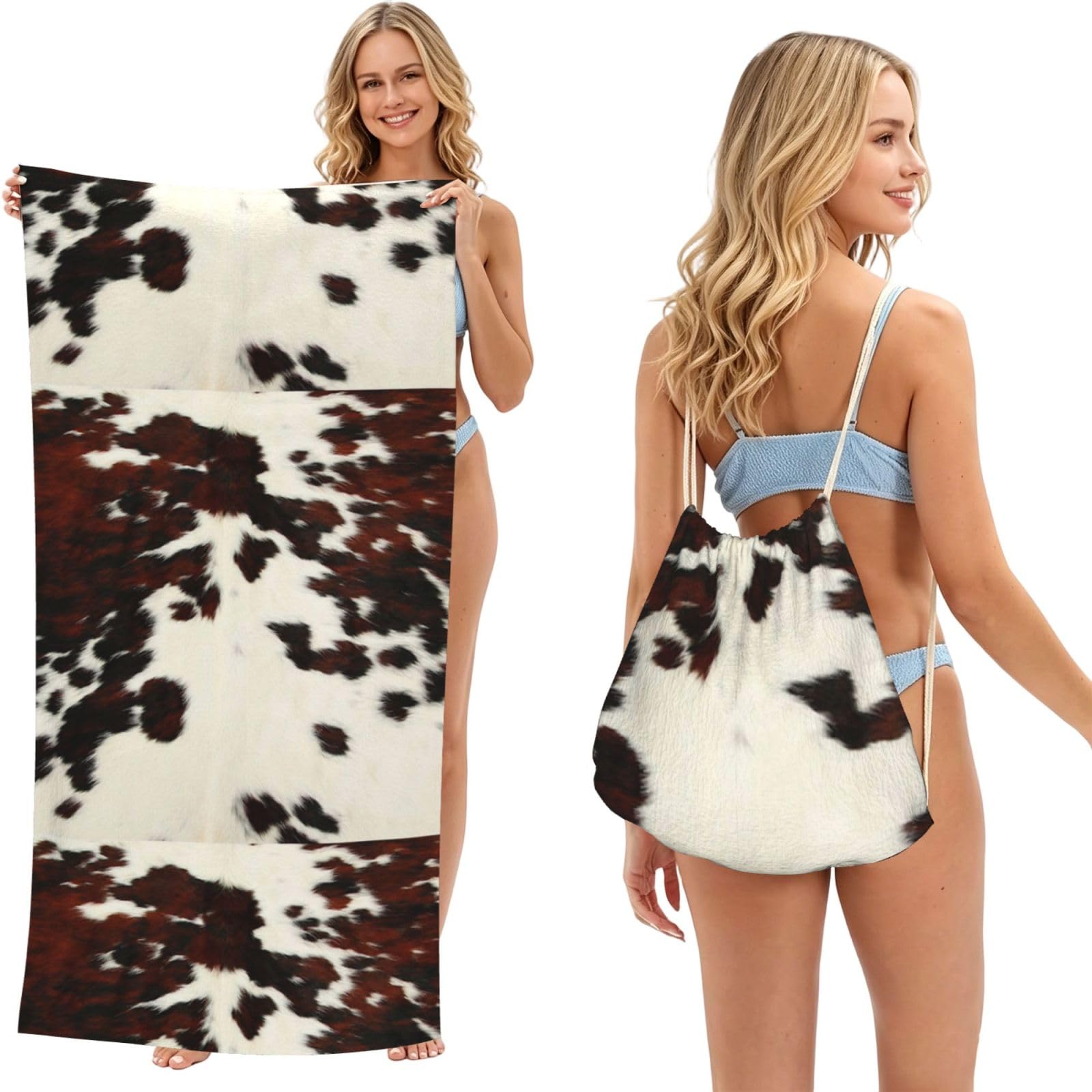 Poadnly As Picture Cow Spots, 2 In 1 Packable Towel Bag, Beach Towels With Drawstring Backpack For Travel Holiday Camping