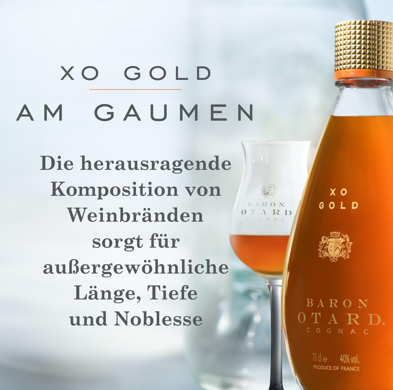 Baron Otard XO Gold Cognac, 40 Vol.-%, 70 cl / 700 ml, doppelt destillierter Premium-Cognac, gereift in Eichenfässern, mit Aromen von schwarzem Trüffel, Sandelholz und Pflaume