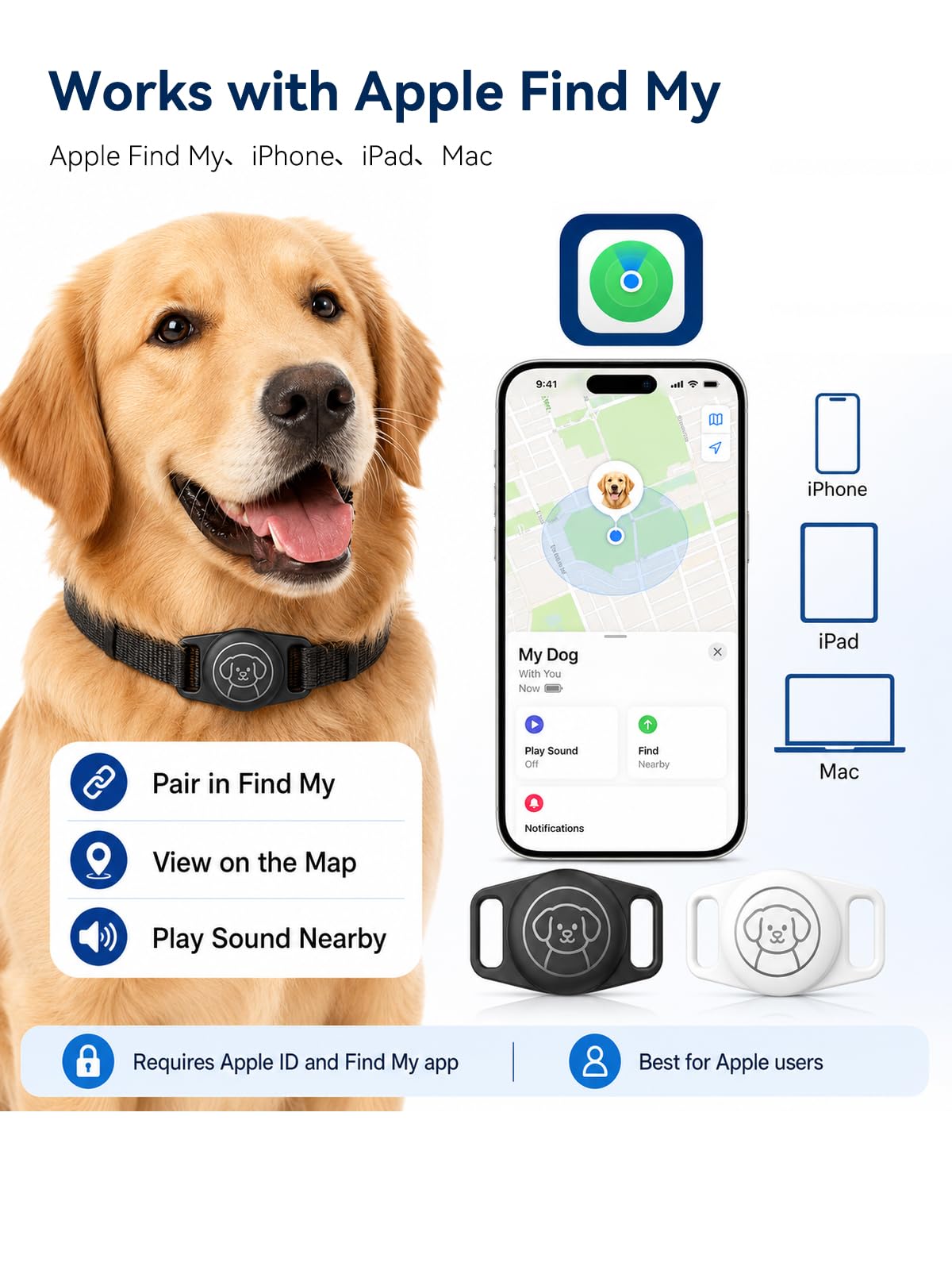 Hundetracker für Hunde, Bluetooth Pet Tracker Tag funktioniert mit Apple Find My, keine monatliche Gebühr, IP67 wasserdicht, Anti-Verlust-Hunde-Tracker mit Halsbandhalter (2, während)