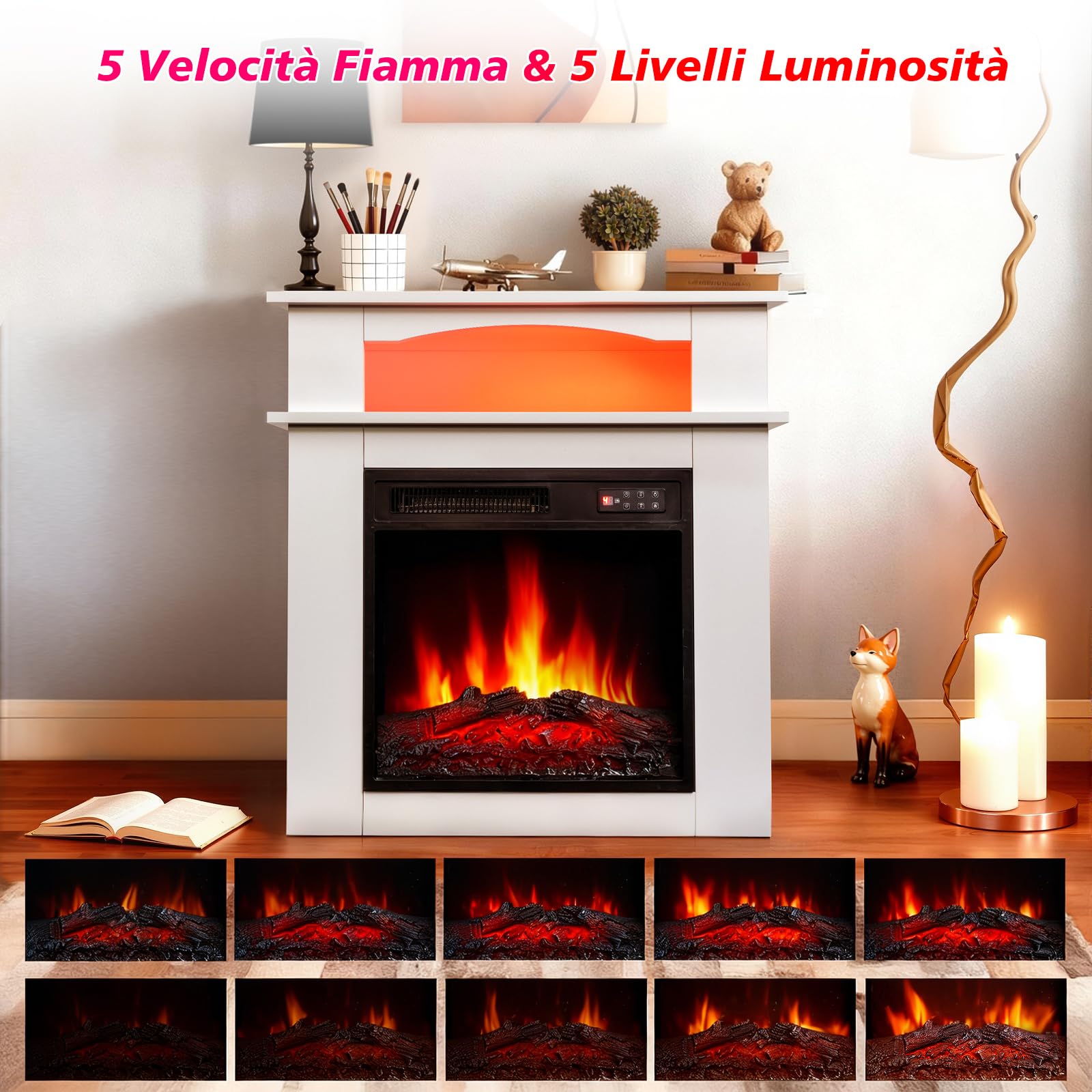 18" Caminetto Elettrico, 900W/1800W Camino Elettrico, 7 Colori di Fiamma 3D, Striscia LED, Telecomando, Protezione Surriscaldamento, Timer, incluido Cornice