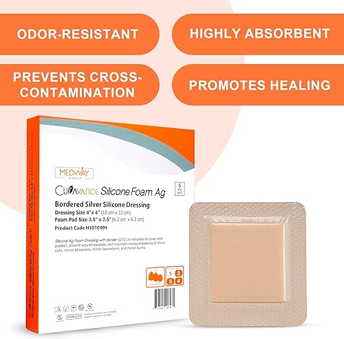 Miniatura 2 de MedVance Aderezo absorbente estéril de silicona plateada con bordes, 4 x 4 pulgadas (almohadilla de 2.5 x 2.5 pulgadas), 5 aderezos/caja, 5