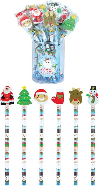 Henbrandt 30x Christmas Pencils with Eraser Toppers Xmas Novelty Rubbers Stocking Fillers Christmas Eve Box Fillers Party Favours Kids Stationery for Boys and Girls