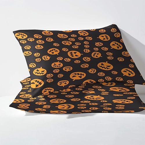 Miniatura 3 de Juego de sábanas de calabaza tamaño Queen, sábanas de Halloween, sábanas y fundas de almohada estampadas de 4 piezas, sábana bajera ajustable de
