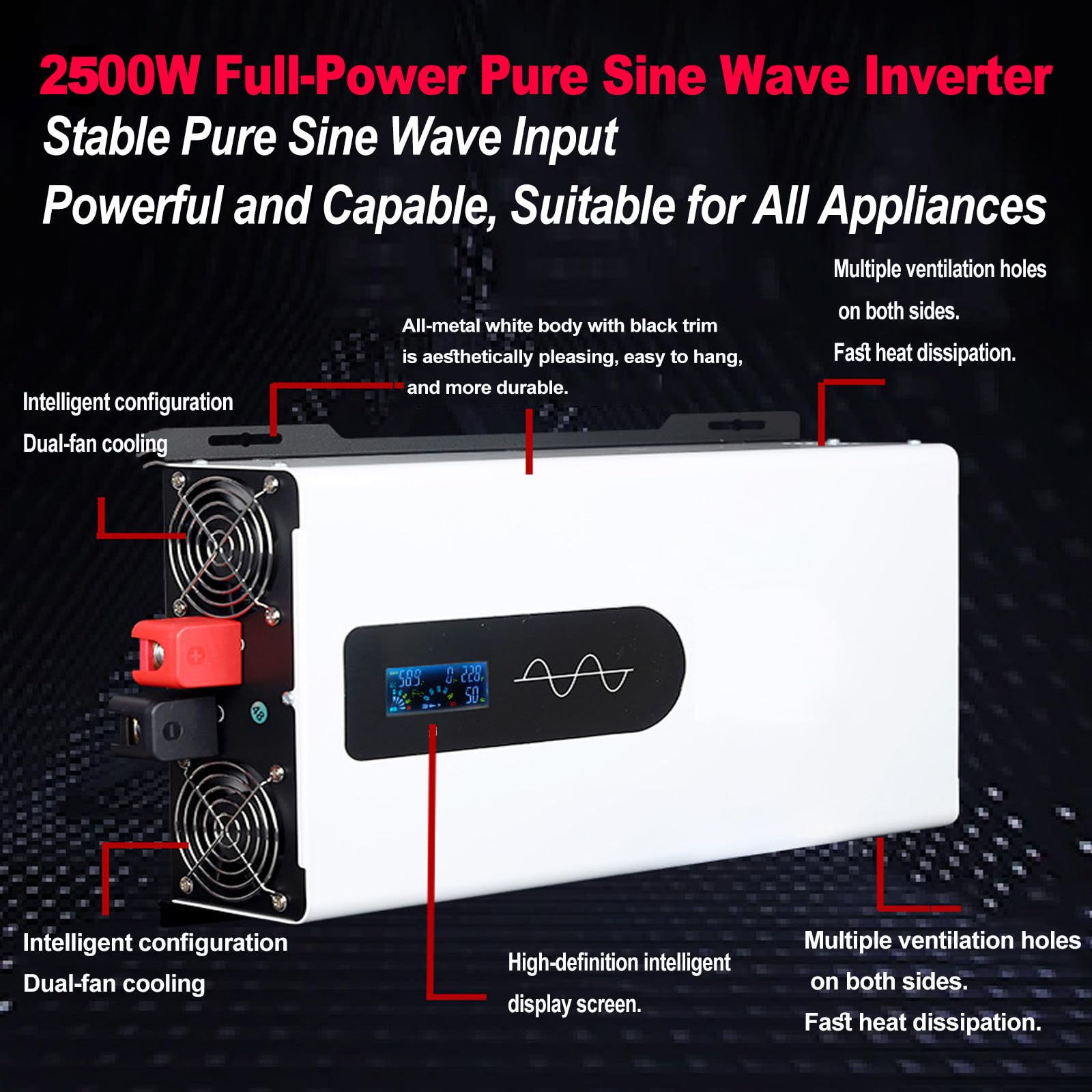 Inverter 60V, Inverter A Onda Sinusoidale Pura da 1000W A 5000W, CC Convertitore di Tensione da 60 V A Ca 110 V/220 V, con Display LCD, Adatto per Sistemi Solari/Auto 220v-2500W