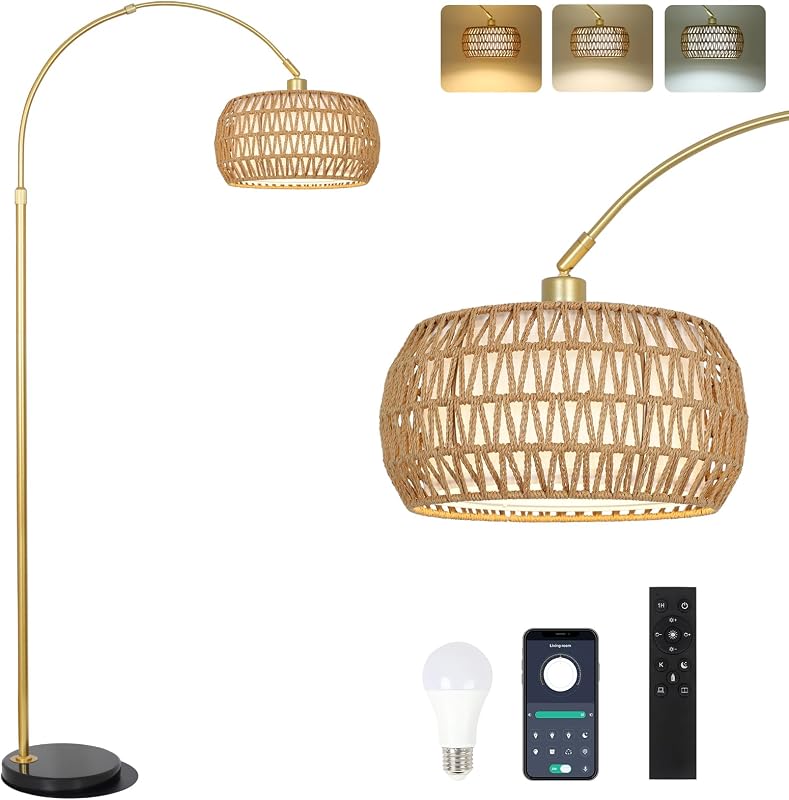 Rayofly Arany Ívelt Állólámpa Rattan Lámpaernyővel - Modern Boho Padlólámpa Távirányítóval, LED Izzóval, Alkalmazásvezérléssel, Fényerőszabá