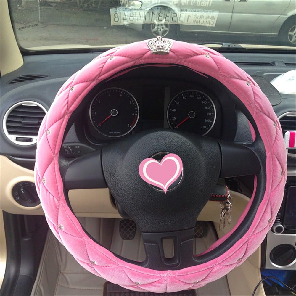 an Crown Shape Rhinestone Plush Cute Steering Wheel Covers for Winter car Accessories Interior for Girls Women DIY (Rose red)
