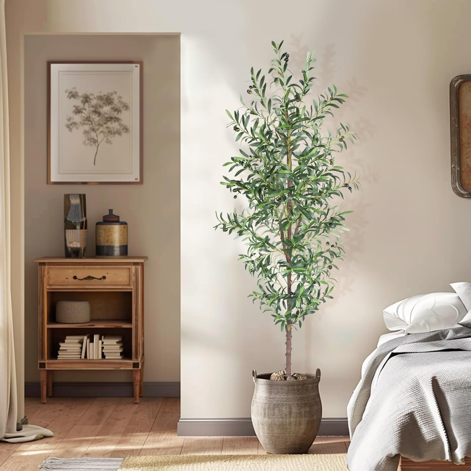 Artificial Olive Tree, 7FT Tall Faux Olive Trees 84in Outdoor Fake Potted Silk Plant with Trunk and Realistic 1048 Leaves and 40 Fruits for Modern Office Home Decor Indoor（1pack）