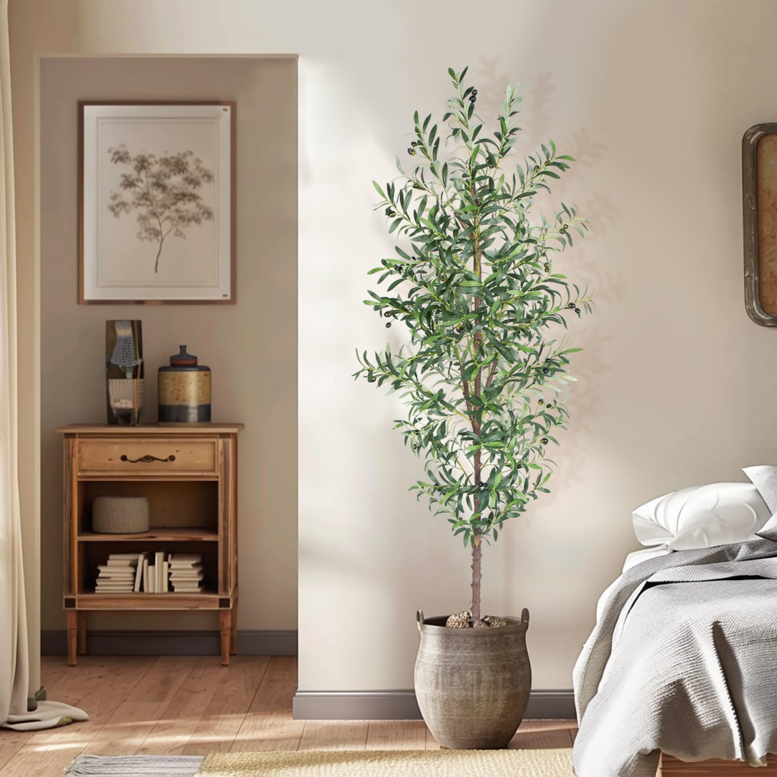 CETRD Artificial Olive Tree, 7FT Tall Faux Olive Trees 84in Outdoor Fake Potted Silk Plant with Trunk and Realistic 1048 Leaves and 40 Fruits for Modern Office Home Decor Indoor（210CM）