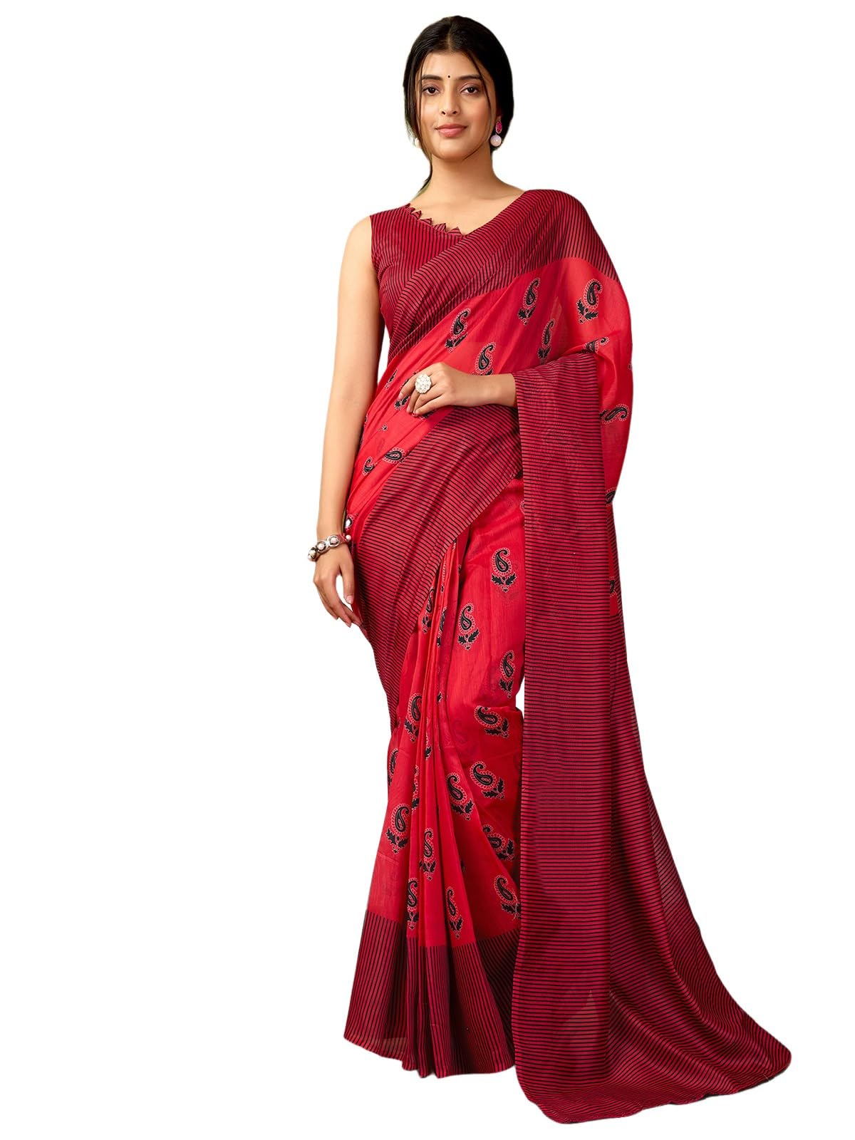 Satrani Women's Chanderi Cotton Printed Ready To Wear One Minute Pre Pleated Readymade Saree With Unstitched Blouse Piece (32Rs309N_Red)