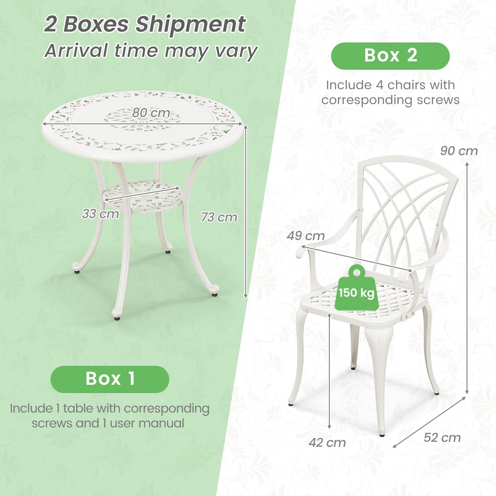 GIANTEX Soggiorno da giardino esterno, tavolo da giardino con sedia in ghisa di alluminio, tavolo da bistrot 5 pezzi per 4 persone, foro dell'ombrellone Dia.5 cm, tavolo rotondo per terrazza, balcone