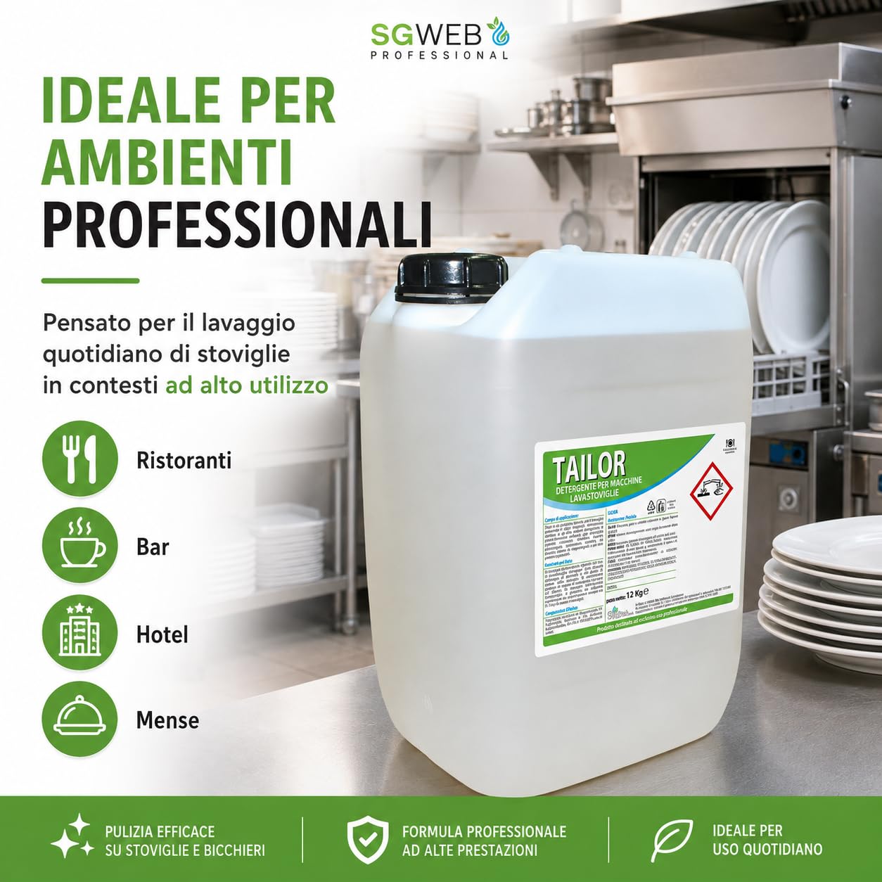 Detergente Lavastoviglie Professionale 12 kg, Detersivo Liquido per Macchine Lavastoviglie, Pulizia Stoviglie, Piatti, Bicchieri e Posate, Formato Tanica per Ristoranti e HO.RE.CA