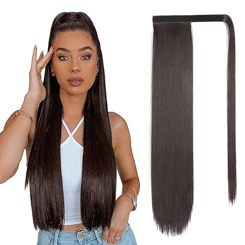 NANNAN Extensiones de cola de caballo de 24 pulgadas de largo lacio color marrón oscuro extensiones de cabello sintético resistente al calor