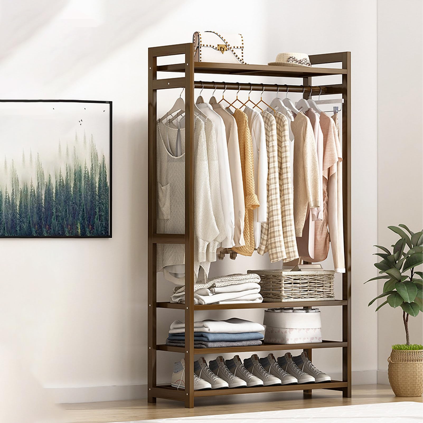 Pnpaea Bamboo Clothes Rail, Garment Rack with Storage Shelves Back and Tidy Rail, Open Wardrobe Closet, Clothing Rack for Bedroom Hallway A(80mm)
