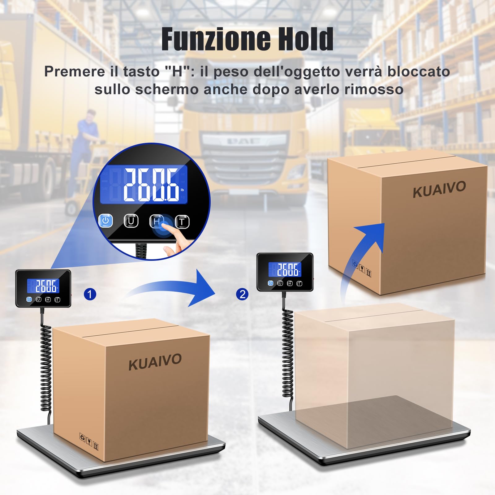 KUAIVO Bilancia Pesa Pacchi 300 kg / 20 g Alta Precisione, Bilancia Professionale con Funzione LCD/Hold/Tara, Bilancia Postale Piattaforma in Acciaio Inossidabile per Pacchi, Magazzino e valigia