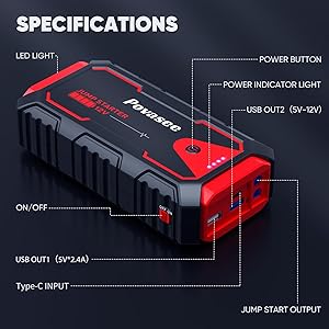 Povasee Jump Starter 4000A Car Jumper Starter, Model A30 12V Jump Box for Car Battery up to 10L Gas or 8L Diesel Engine Battery Jumper Starter Portable with Power Bank/Dual Output/LED Light