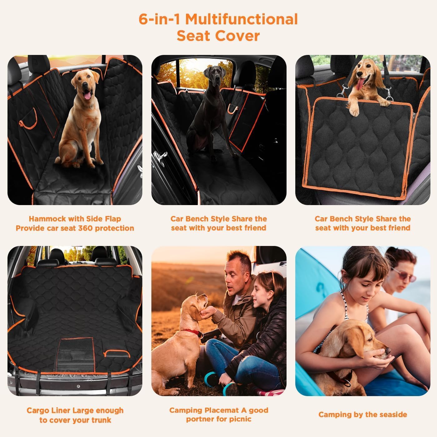 Waterproof Dog Car Seat Cover, Black with Orange...