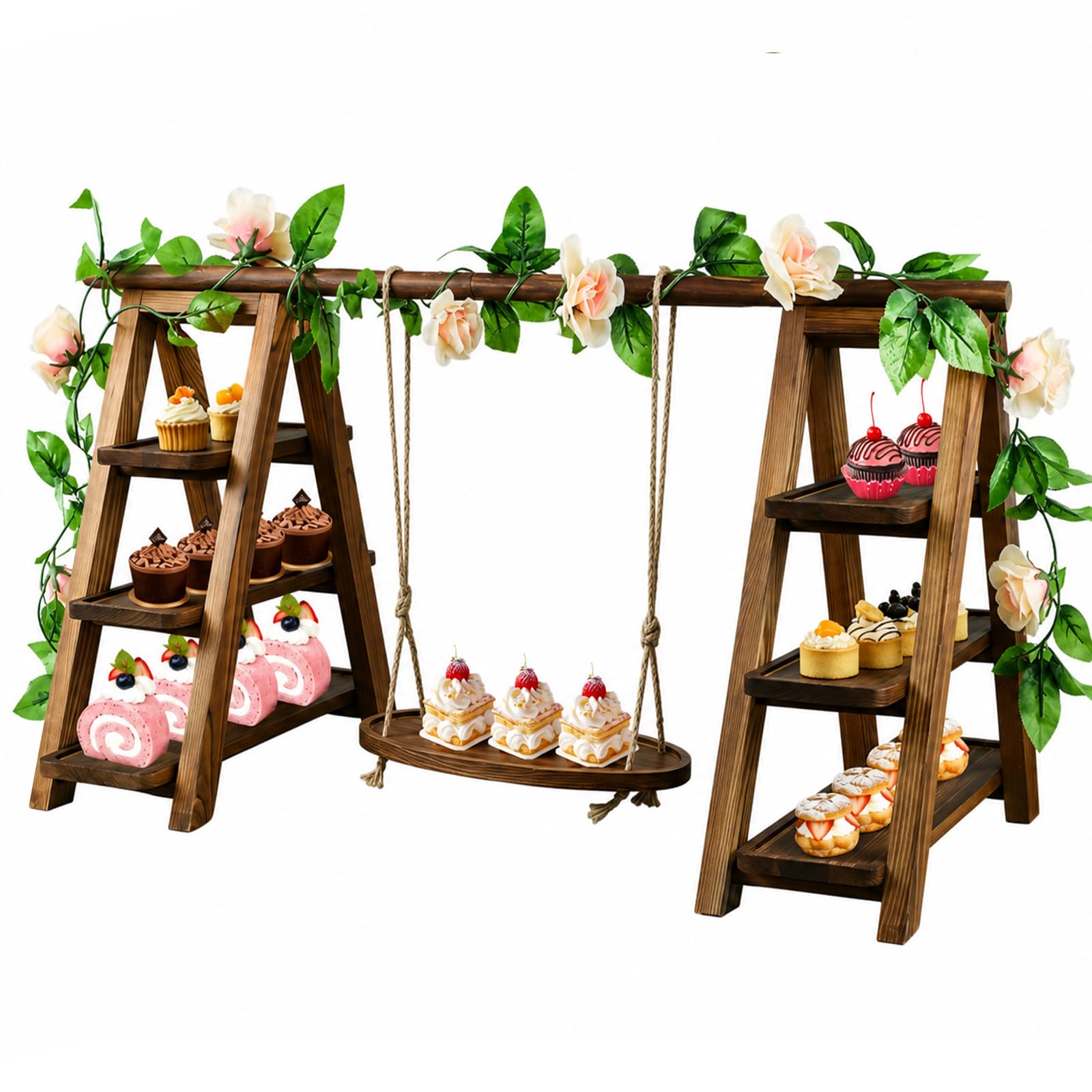 Photo 1 of Large Wooden 3 Tier Swing Cupcake Stand with Flower Decor, Removable Trays, Foldable Ladder Display for Cake, Snacks, Fruit, Bread, Party & Catering Centerpieces