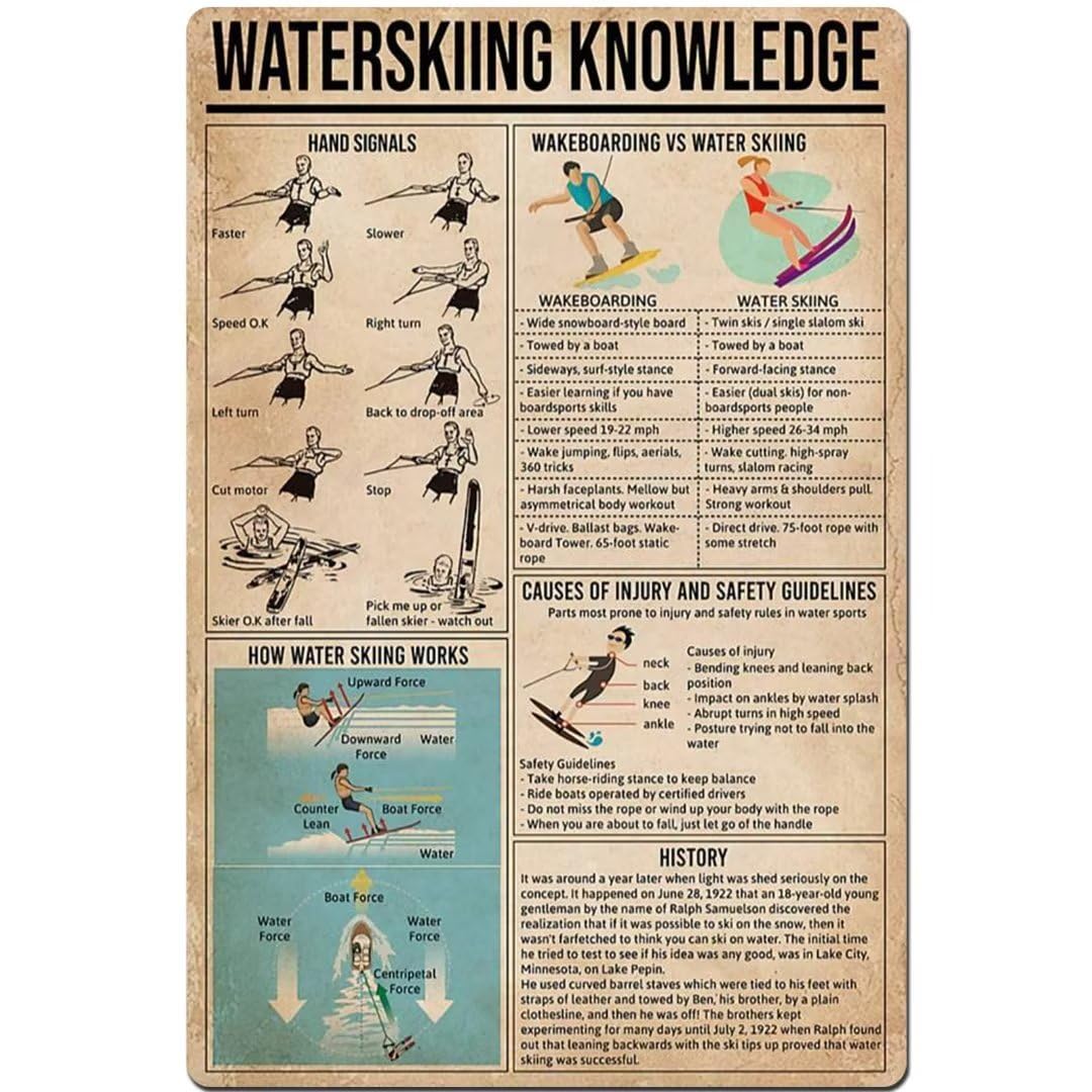 rayprint Waterskiing Knowledge Metal Signs Vintage Western Wall Decor For Home Kitchen Bar Patio Room Garage Retro Tin Poster Plaque 12"X8" Inch
