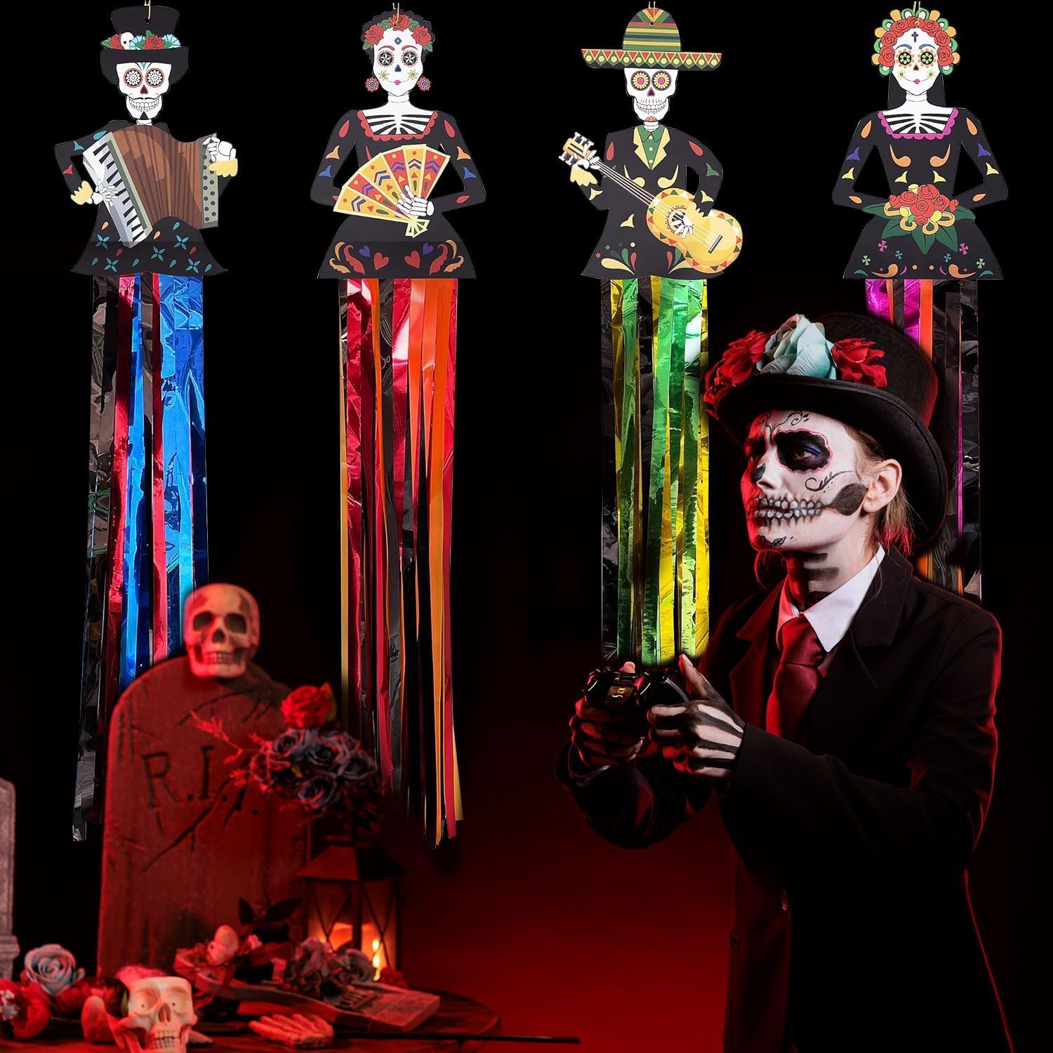 4 Pezzi Decorazioni Appese Teschio di Zucchero – Dia de los Muertos, Halloween, Altar Ofrenda, Feste Messicane, Decorazione da Parete e Giardino con Nappe