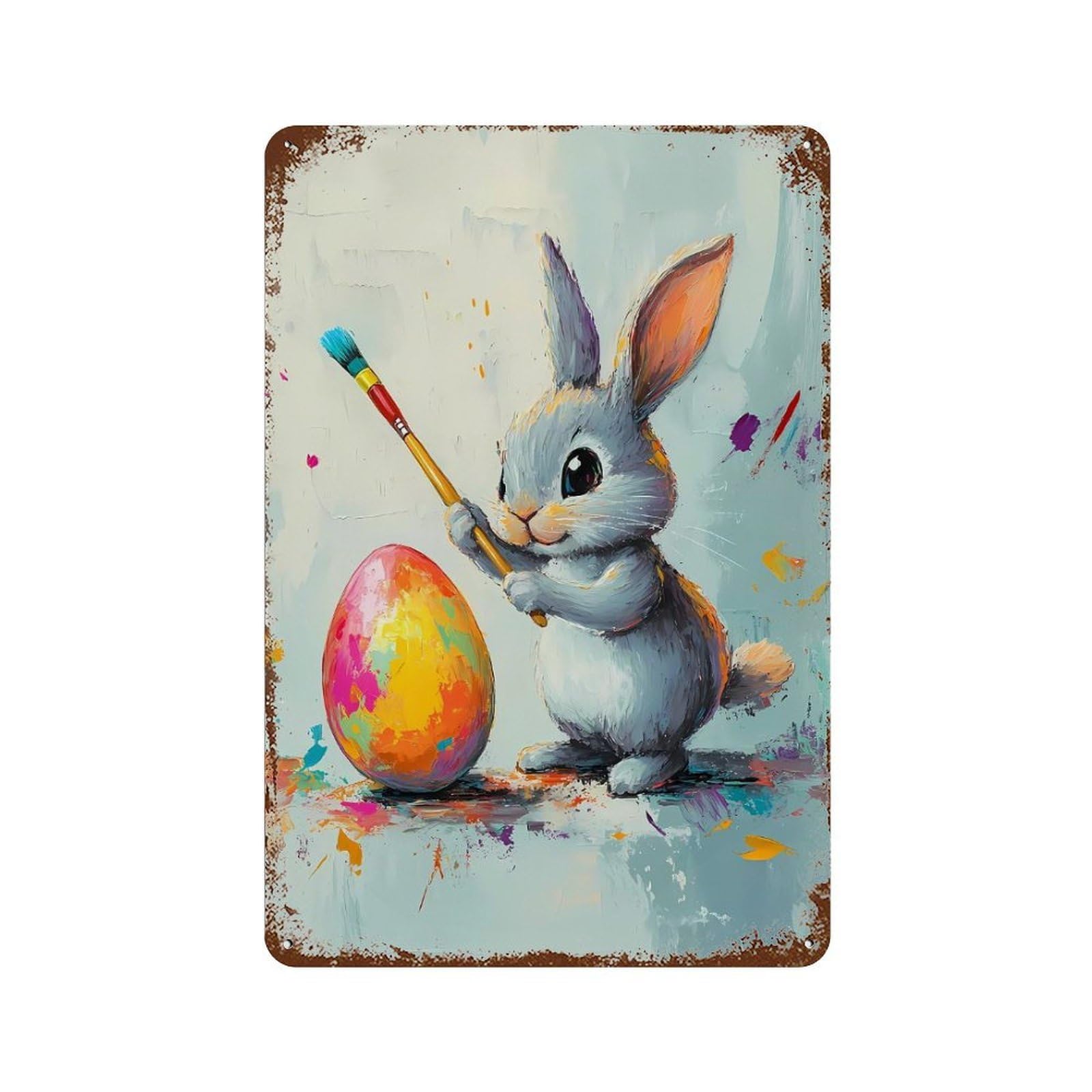 Easter Bunny Painter Decorative Tin Sign 11.8"x7.9", Vintage Wall Decor for Basement, Hobby Room And Garage Decor