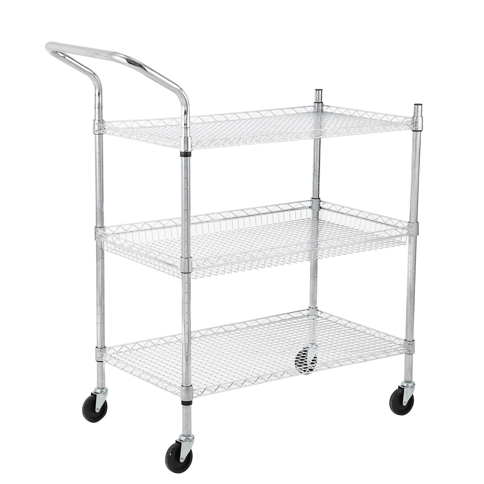 Garvee Chariot Utilitaire Professionnel 3 Niveaux, étagères métalliques Robustes, roulettes, poignée Haute, Stockage et Service pour Cuisine, Bureau, Restaurant, buanderie, Garage - 3 étages poignée