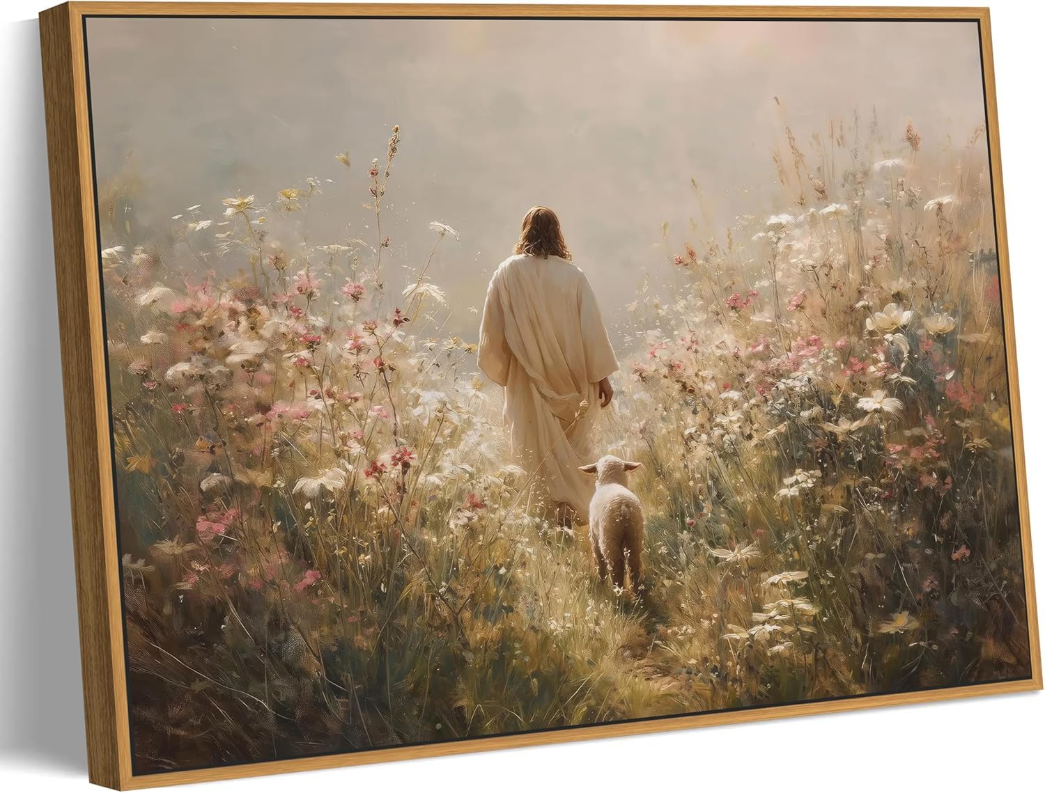 LZJAGXX Jesus Leaves the 99 Sheep Canvas Wall Art The Lost Sheep Vintage Religion Decor Pictures Christian Wildflowers Painting(30x50cm/Frameless)