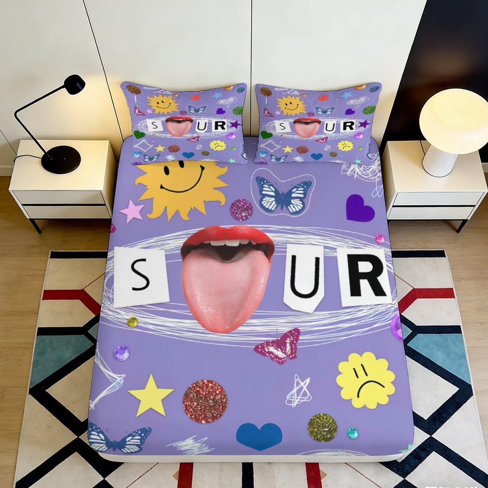 Dhbaneiok Style-9 3D Printed Cartoon Smile Sun Fitted Sheet Microfiber Purple Graffiti Art Mattress Cover For Bedroom Dorm Decor 90X200x25cm