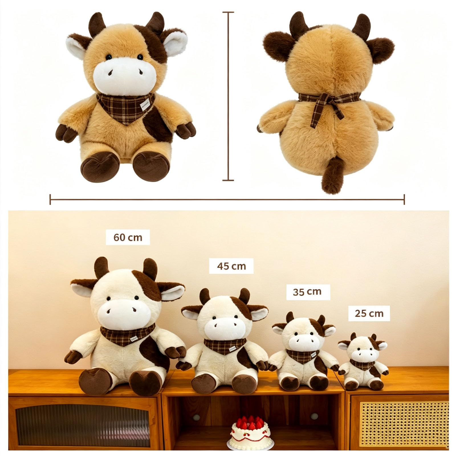 Kuschelige Kuh Aus Weichem Plüsch, Plüschtier Kühe mit Schal, Kuh Stofftiere zum Kuscheln und Spielen, Milchkuh Plüsch Spielzeug Geschenke für Erwachsene und Kinder (Weiß,60cm)