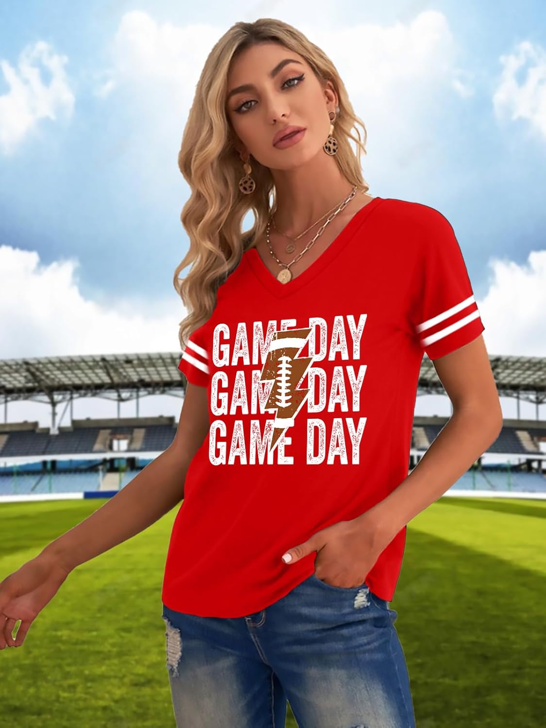 Football Shirts for Women: Game Day Tshirt Football Season Graphic Tee Sunday Funday Short Sleeve V Neck Top - Image 2