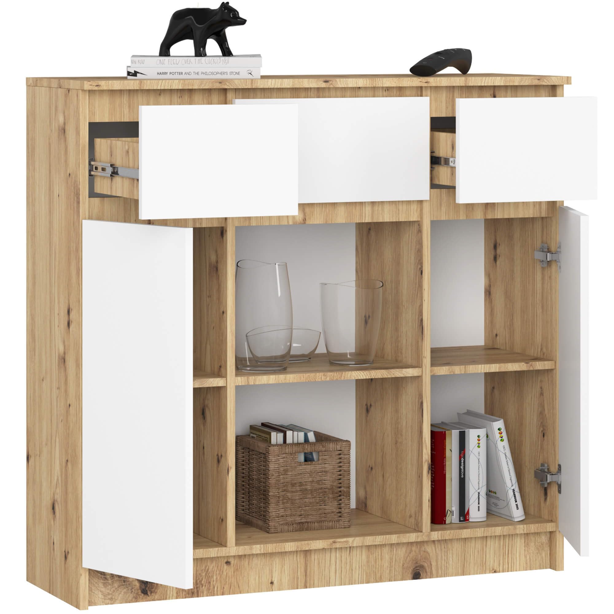 Kommode K100 Weiß 101 cm 2 Türen 3 Schubladen 6 Regalböden