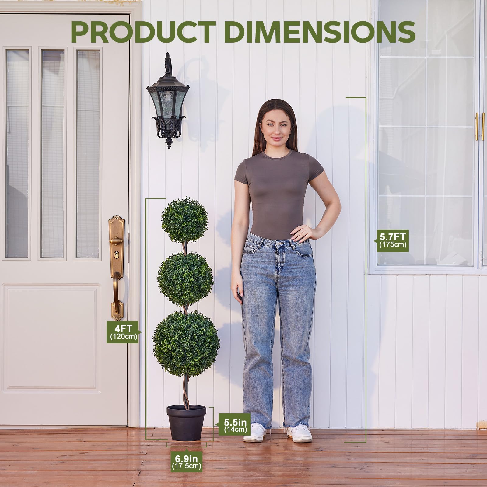 Künstlicher Buchsbaum Kugel Baum Topiary Pflanze - 120cm Dreifach Kugel Design mit Topf, UV Beständige Outdoor Garten Deko Künstliche Pflanze für Balkon Terrasse Hauseingang,VN241,2 STK