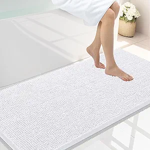 Smiry Luxury Chenille Bathroom Rugs 47x24, Extra Soft and Absorbent Shaggy Bath Mat, Machine Washable, Non-Slip Plush Carpet Runner for Tub, Shower, and Floor, Home Decor Accessories, White