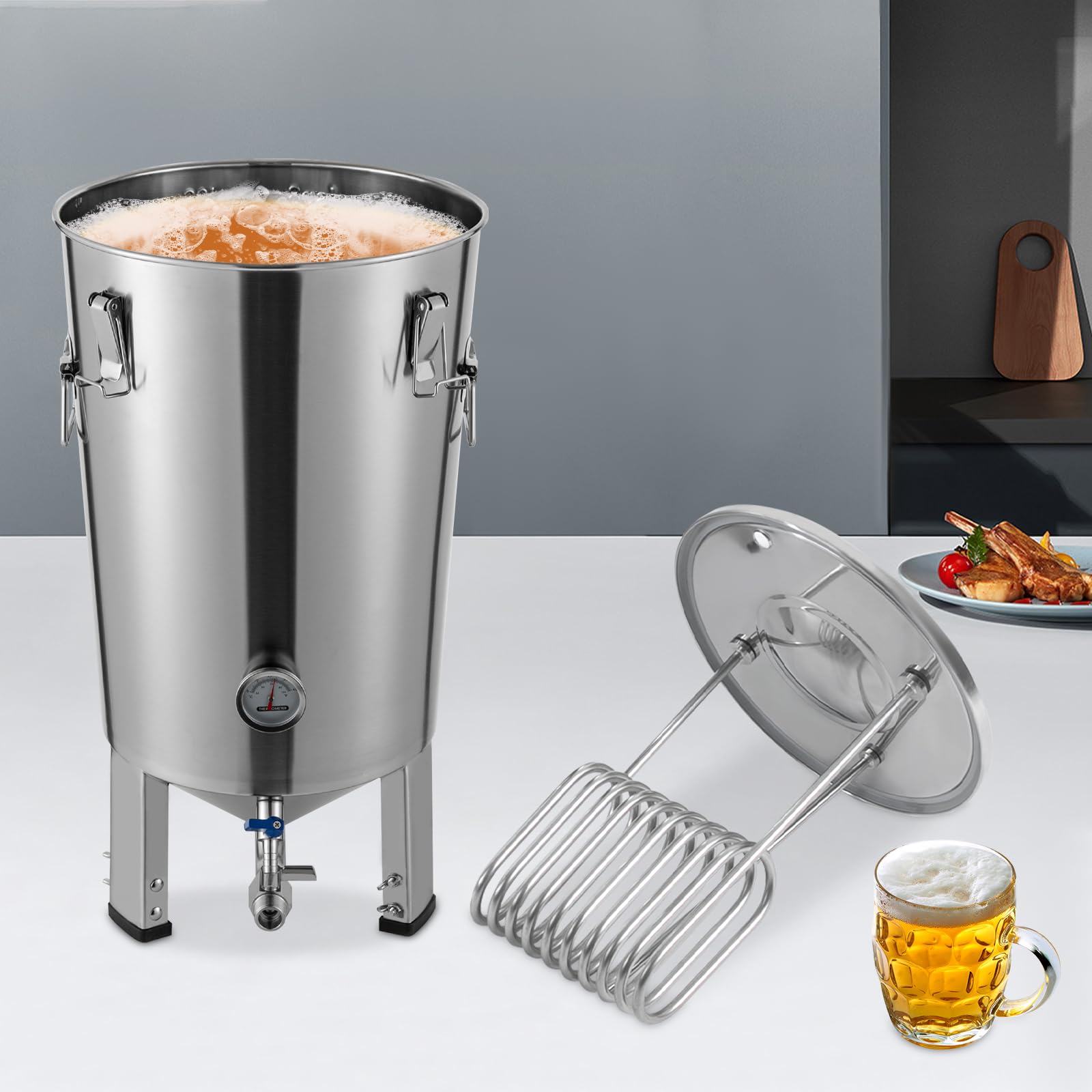 Kit de elaboración de cerveza – Juego completo para elaborar cerveza de acero inoxidable 304, depósito de fermentación y fermentador de 32 litros, control de temperatura 0 – 40 °C, espiral de